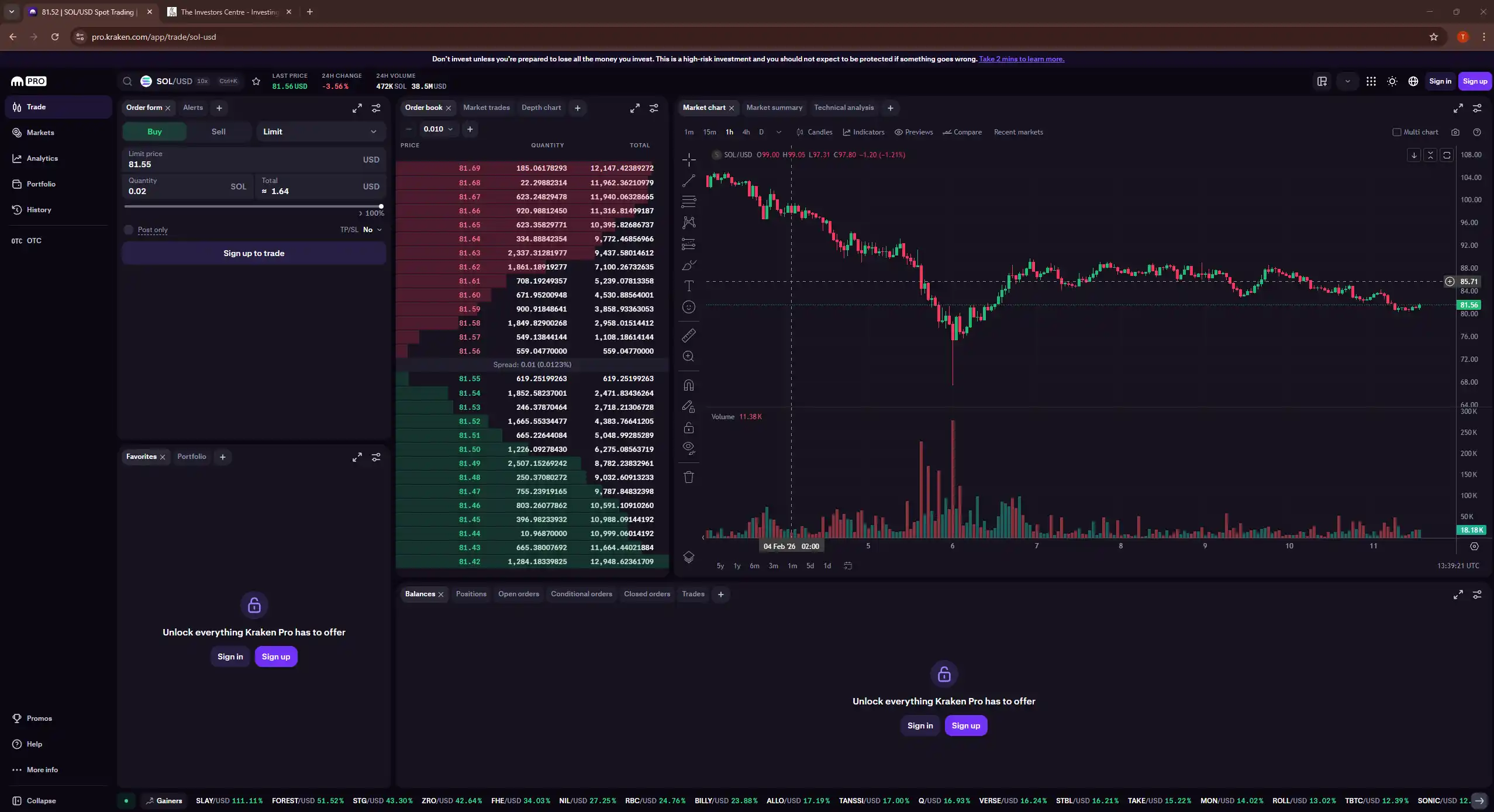 Kraken Pro crypto trading dashboard displaying Solana price chart and order book for active traders.