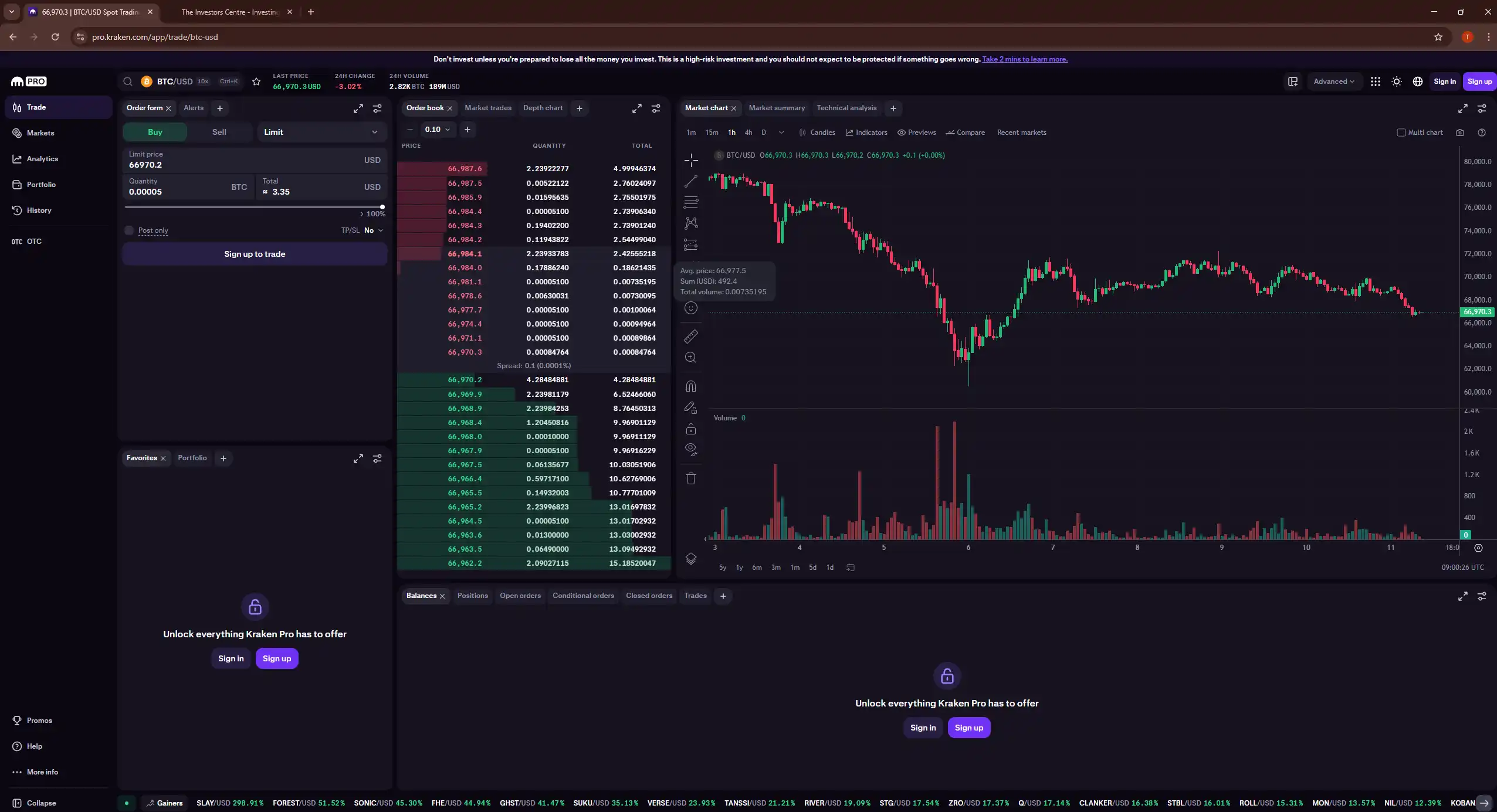 Kraken Pro cryptocurrency trading platform showing BTC/USD chart, order book and advanced order entry panel.