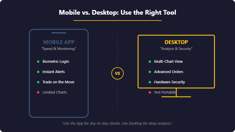 Comparison graphic titled Mobile vs. Desktop: Use the Right Tool showing mobile app features like biometric login and alerts versus desktop features like multi-chart view and advanced orders