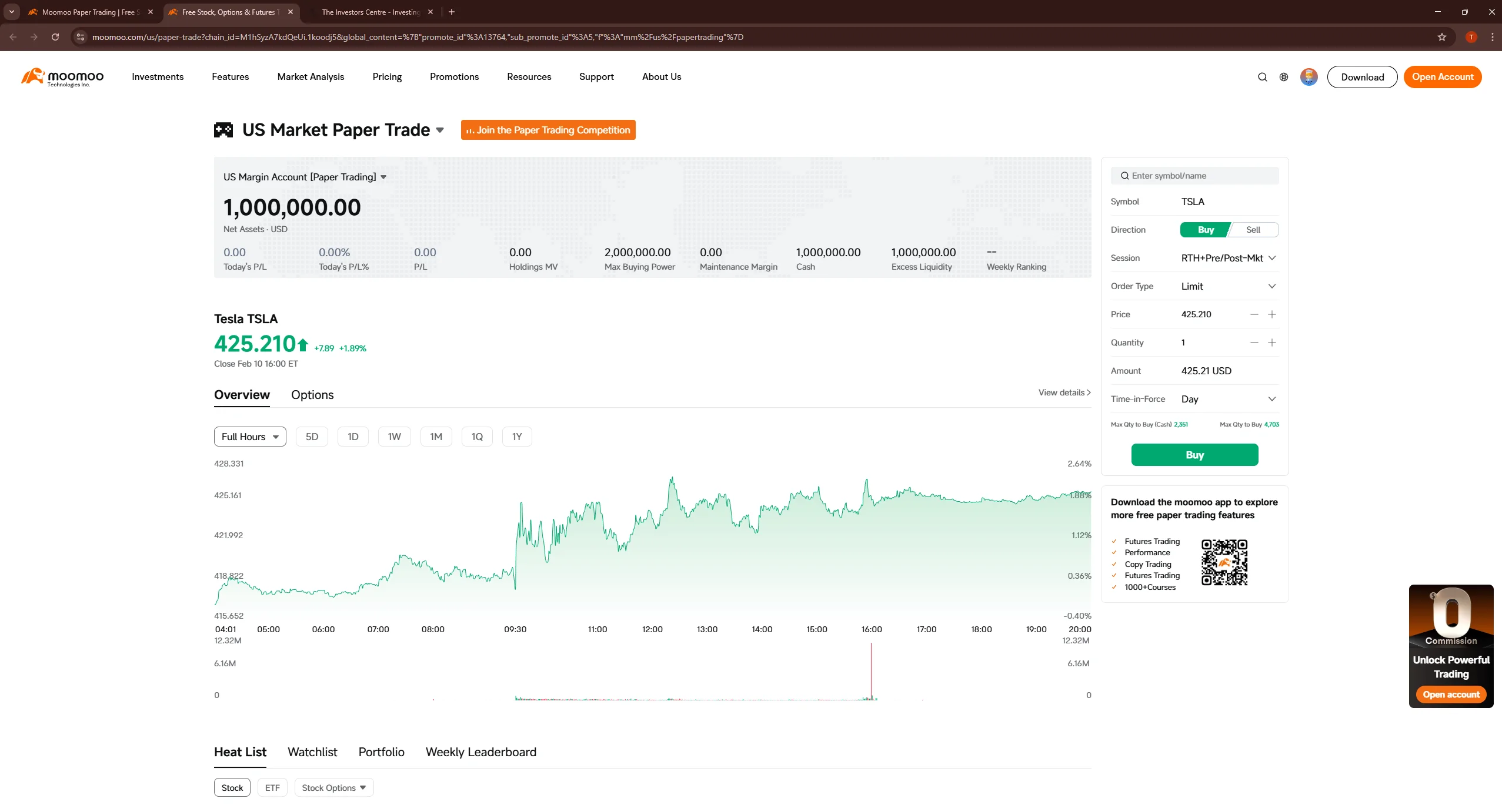 Moomoo paper trading dashboard showing Tesla price chart and buy order panel