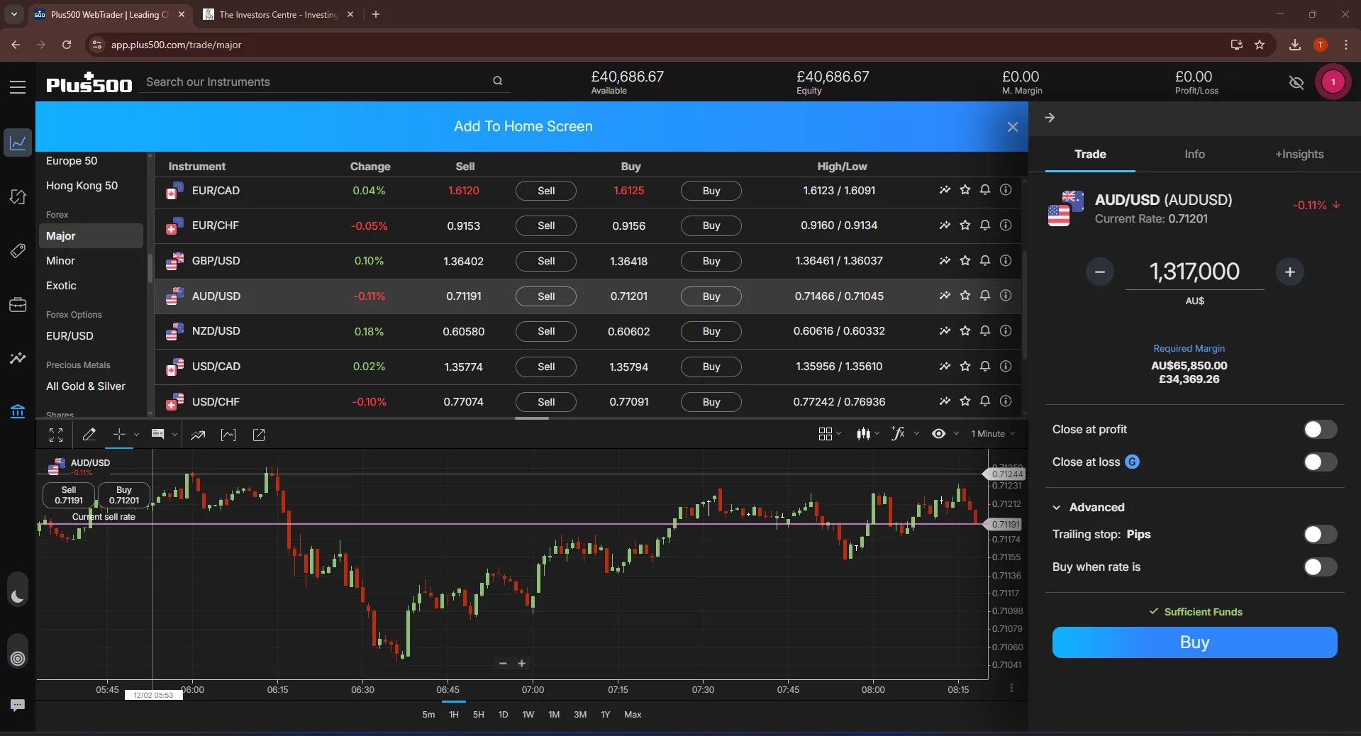 Plus500 WebTrader showing AUD/USD forex CFD 1-minute chart with a large buy order panel and a major forex pairs instrument list