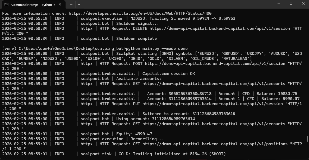 Python code for a scalping trading bot connected to Capital.com API, showing entry logic and position management