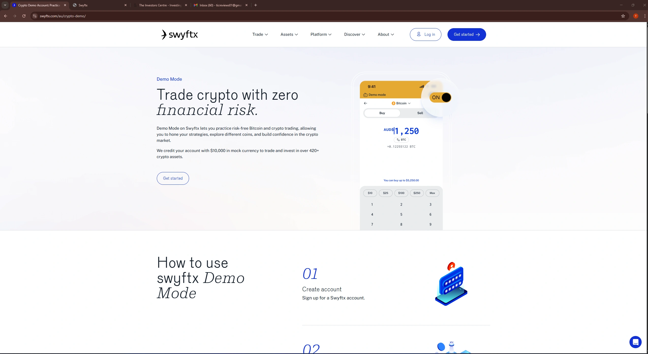 Swyftx Australian crypto exchange website showing demo mode for trading Bitcoin and other cryptocurrencies.
