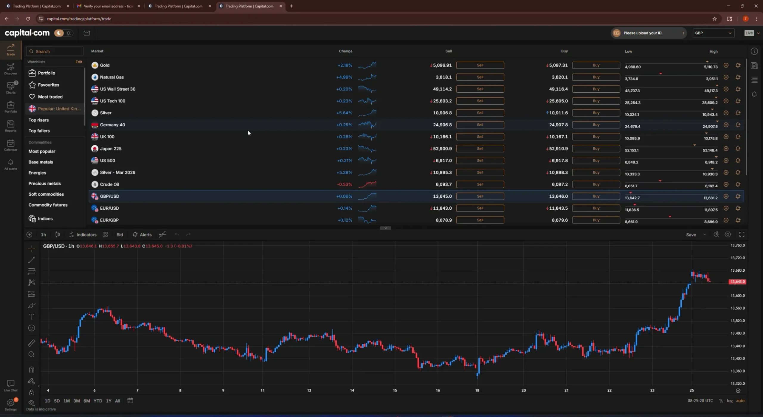 Capital.com trading platform showing GBP/USD forex chart alongside a watchlist of popular markets