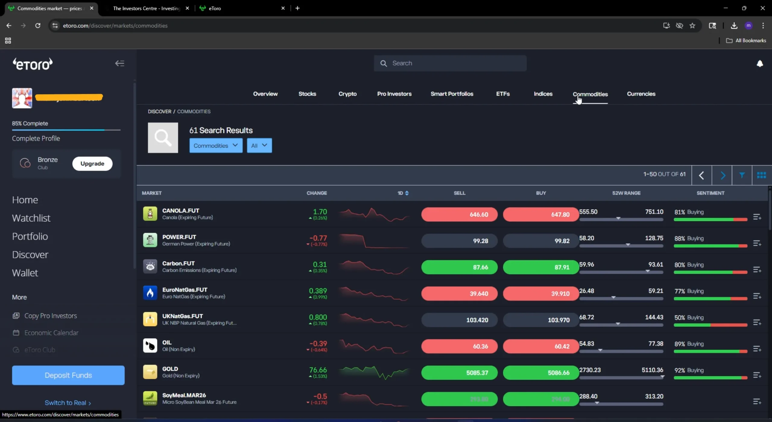 eToro Crypto Discover page showing featured coins and market cap rankings for BTC, ETH and BNB