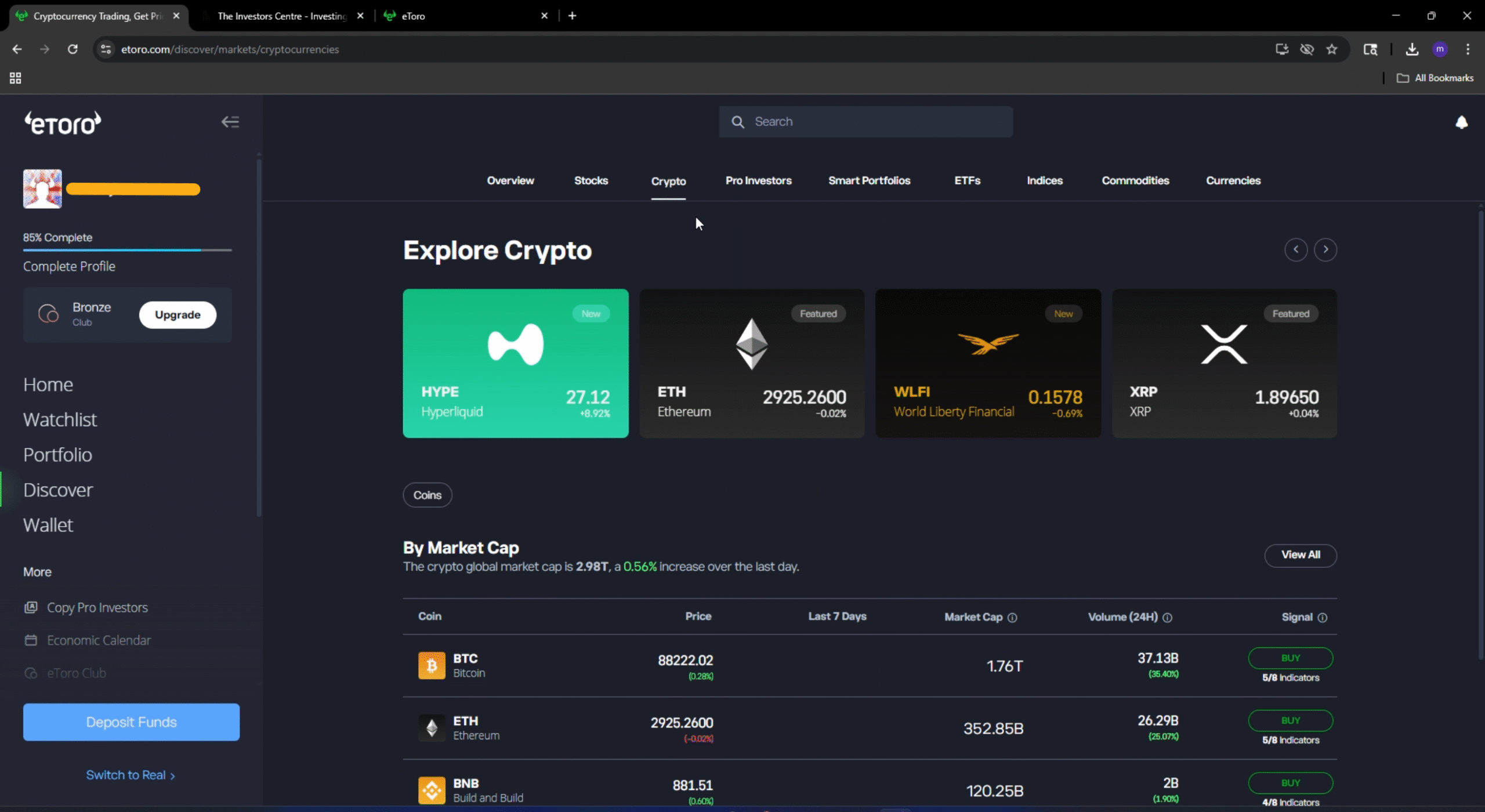 eToro crypto trading dashboard displaying Bitcoin, Ethereum and BNB prices with market cap and trading signals.
