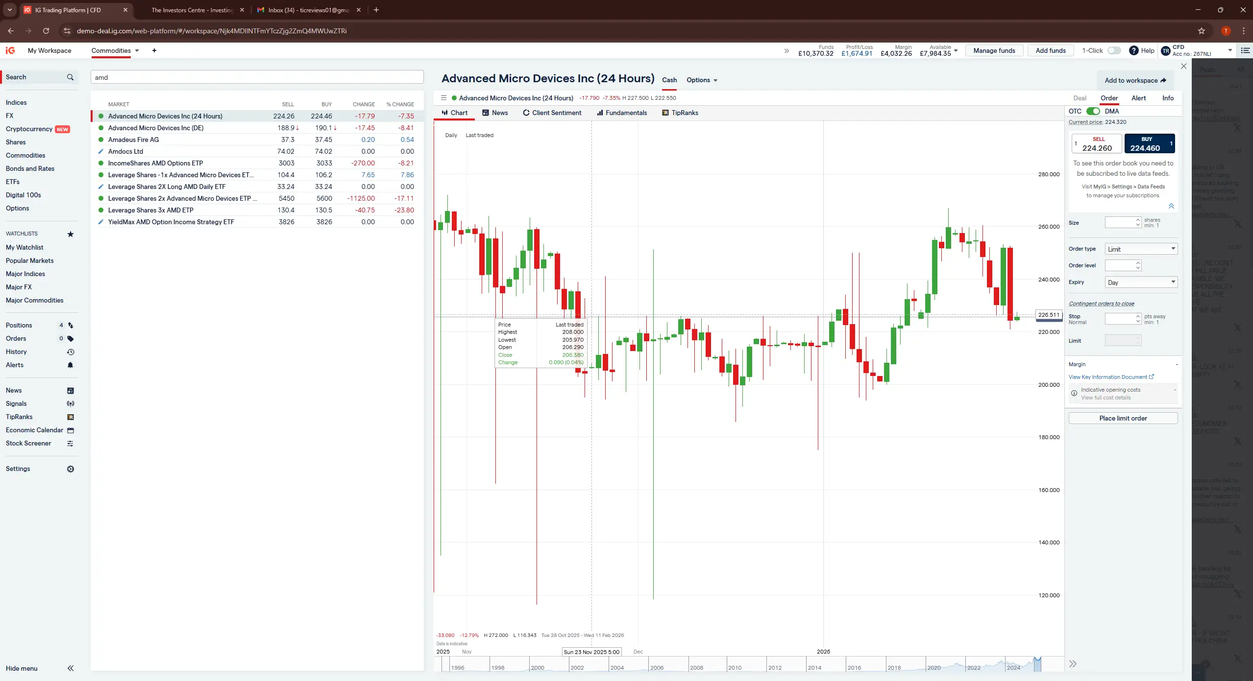 IG share trading platform showing Advanced Micro Devices (AMD) 24-hour price chart with a buy order panel