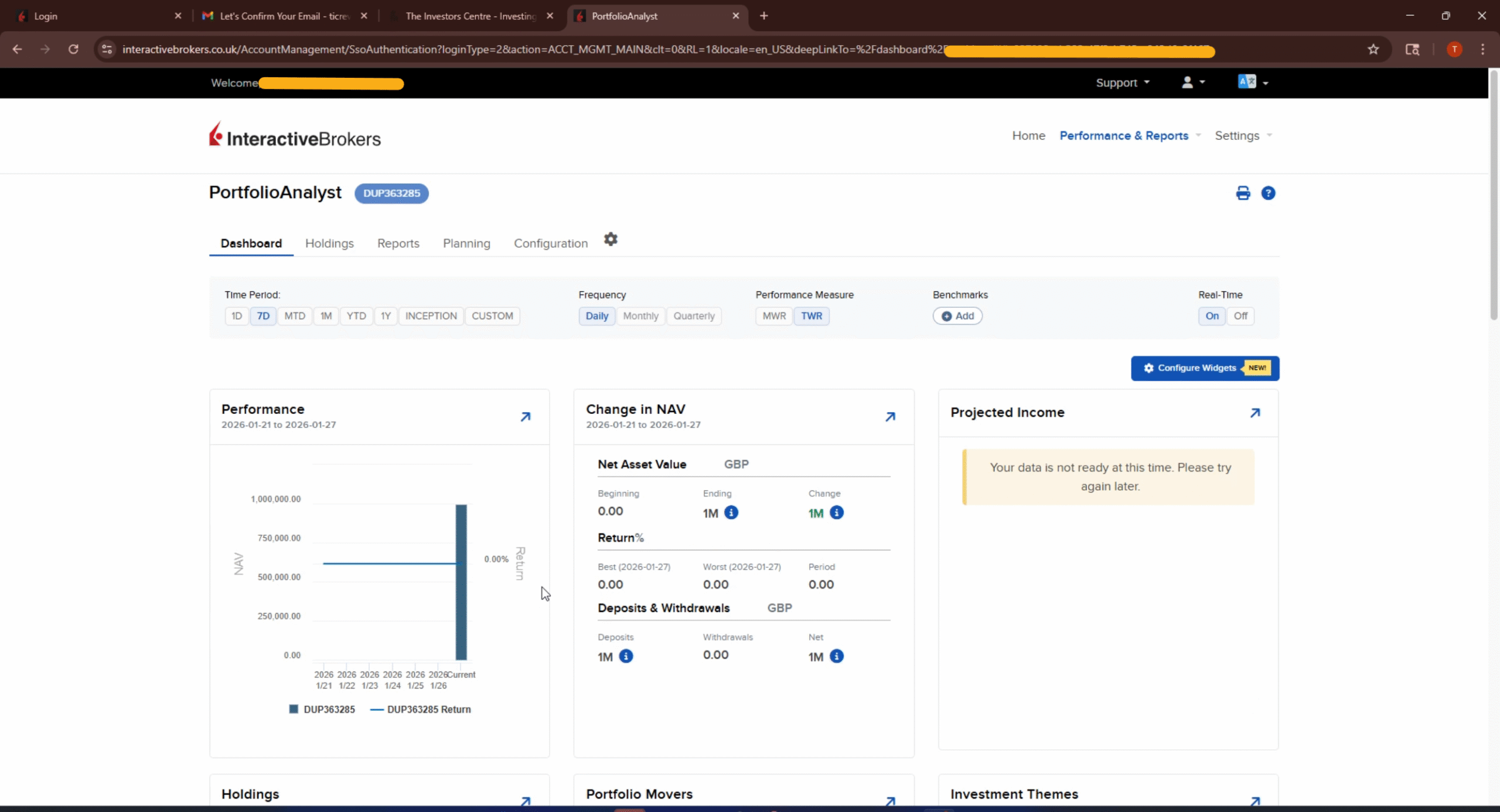 Interactive Brokers PortfolioAnalyst dashboard showing performance chart, NAV summary, and holdings overview