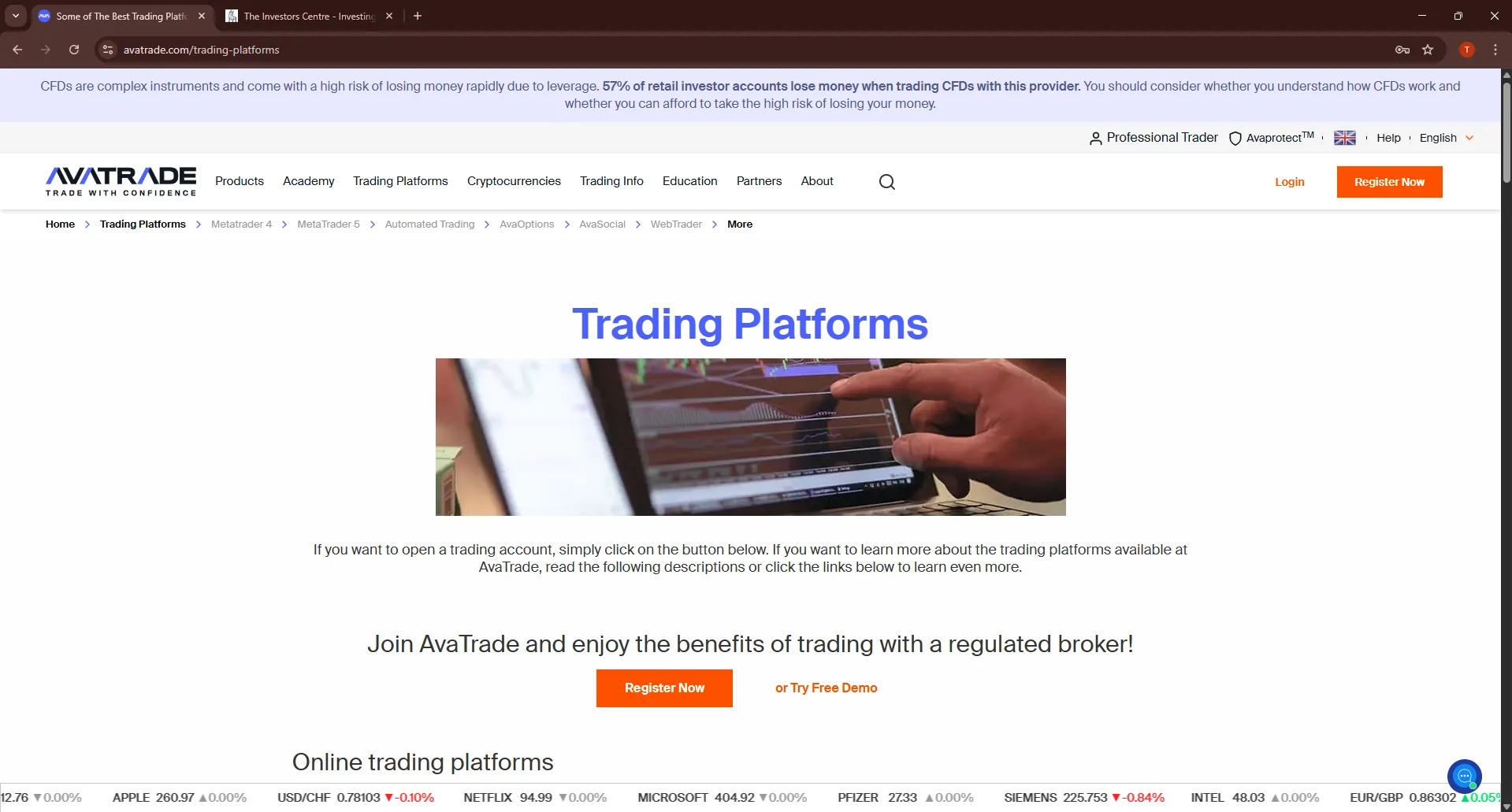 AvaTrade trading platforms overview page