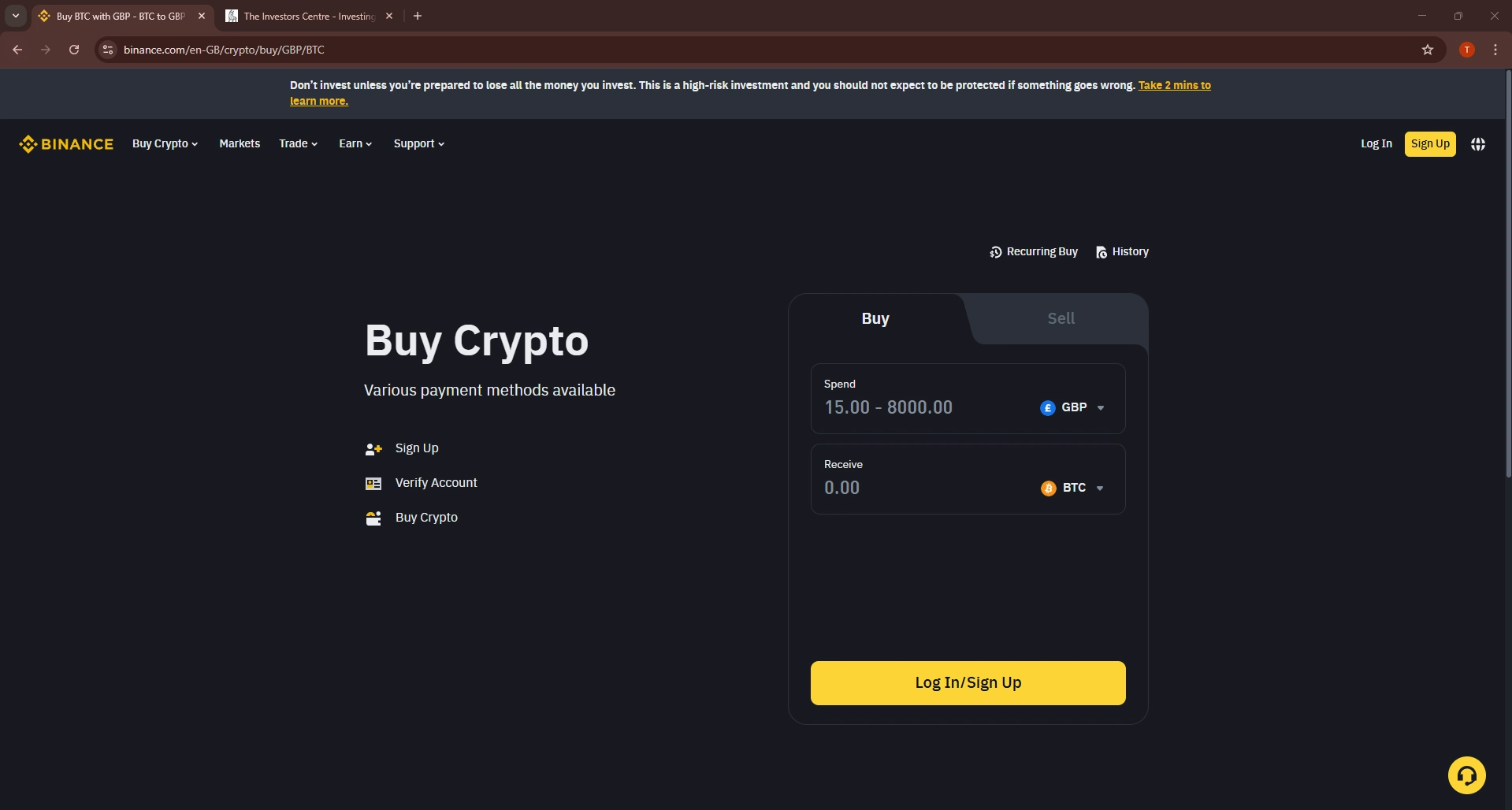 Binance crypto exchange buy Bitcoin page