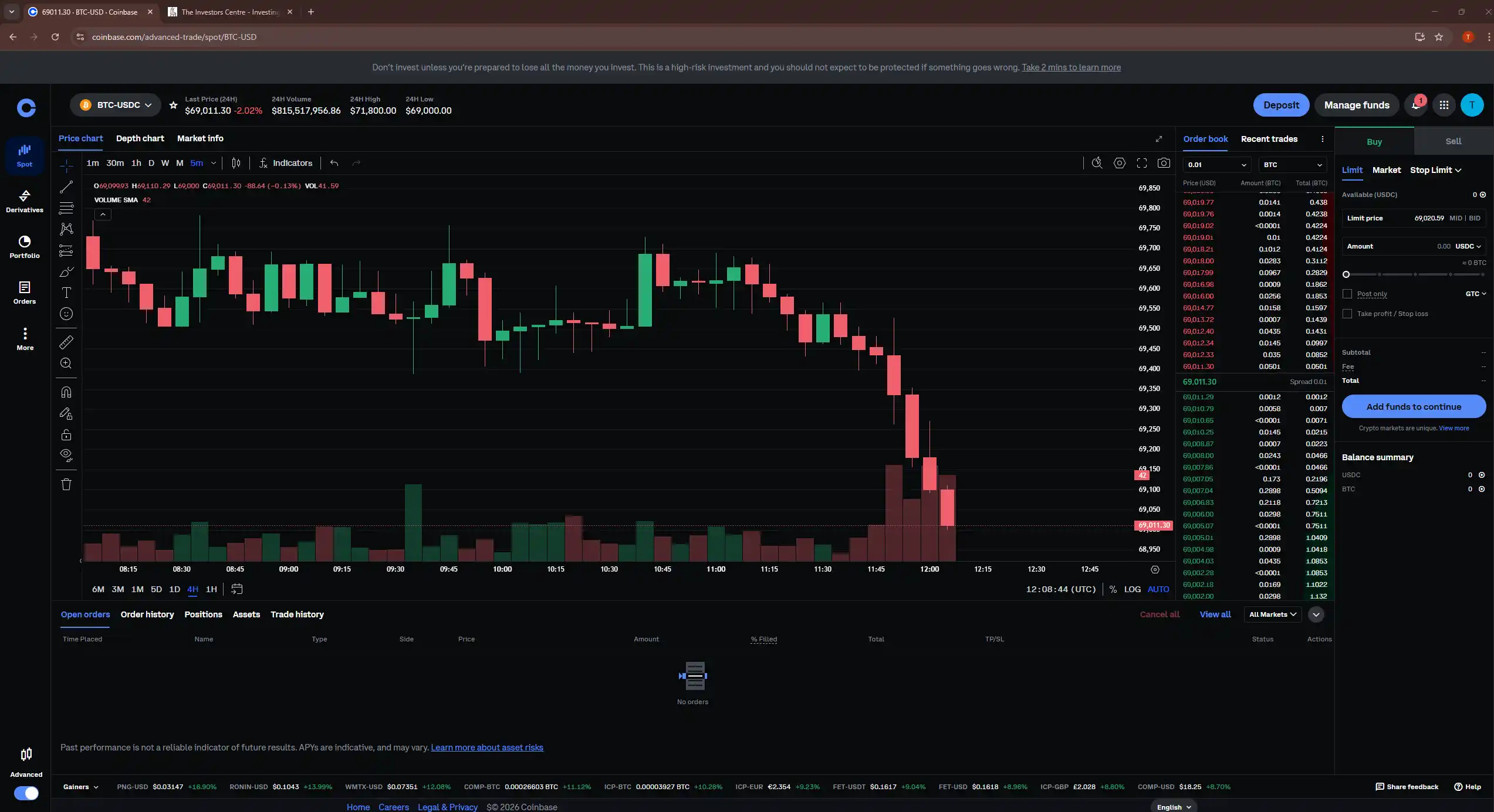 Coinbase buying interface showing cryptocurrency purchase screen