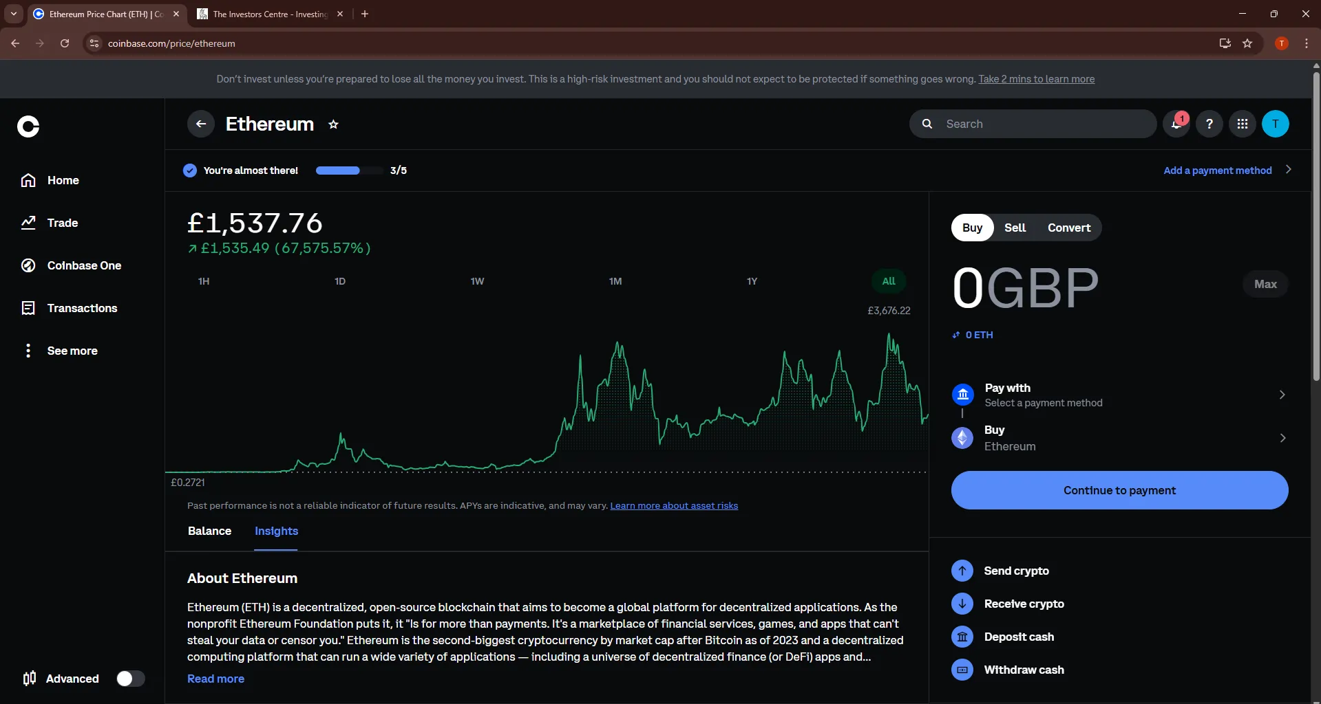 Coinbase crypto exchange showing Ethereum buy panel