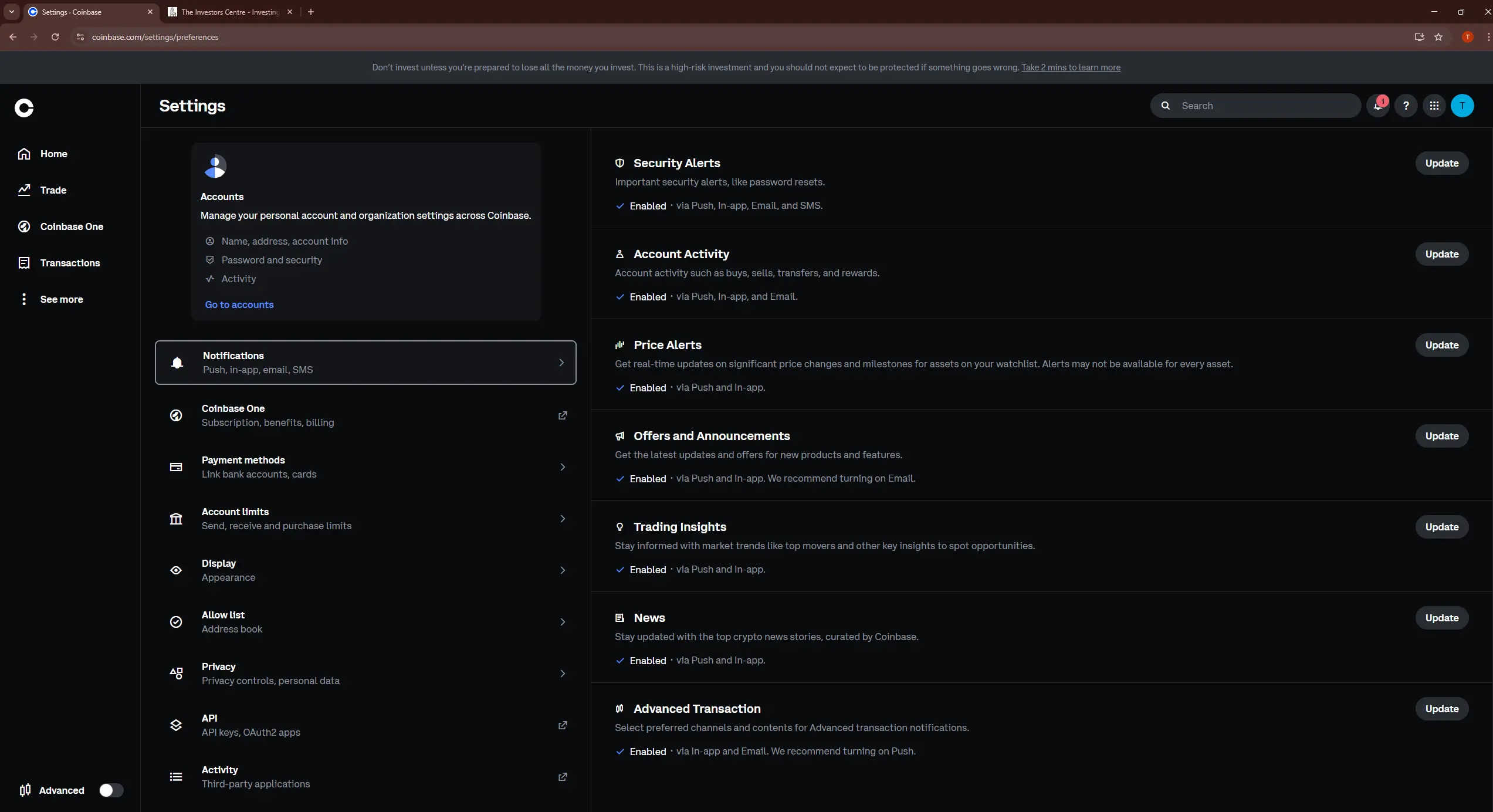 Coinbase notification settings page showing configurable alerts for login attempts, transactions and suspicious account activity