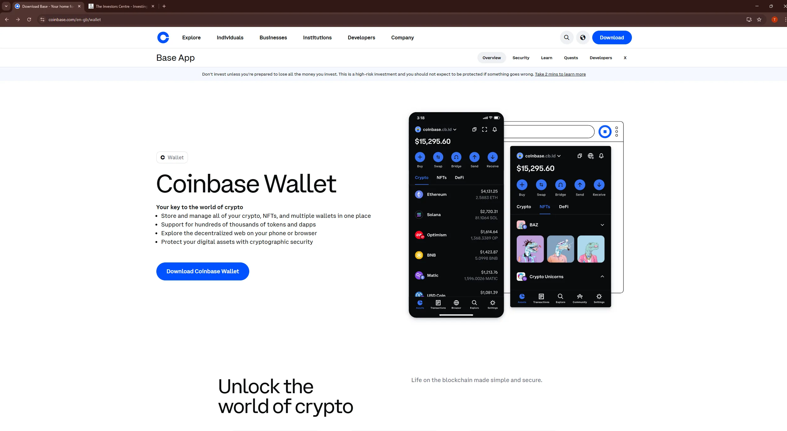 Coinbase Wallet download page showing mobile app with portfolio balance and crypto, NFT and DeFi tabs