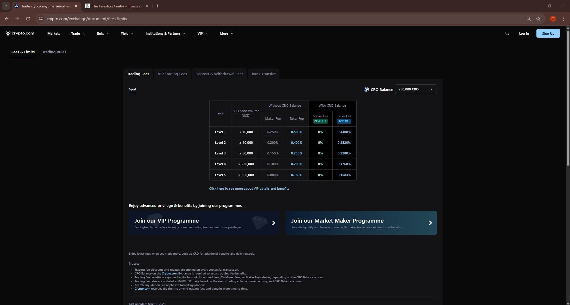 Crypto.com exchange fees and limits page