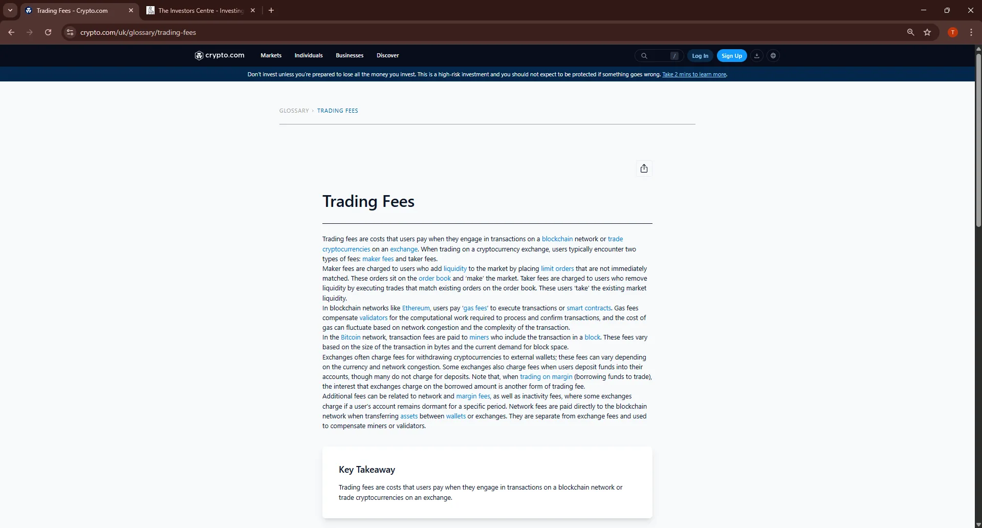 Crypto.com Trading Fees glossary article explaining maker fees, taker fees, gas fees and withdrawal fees
