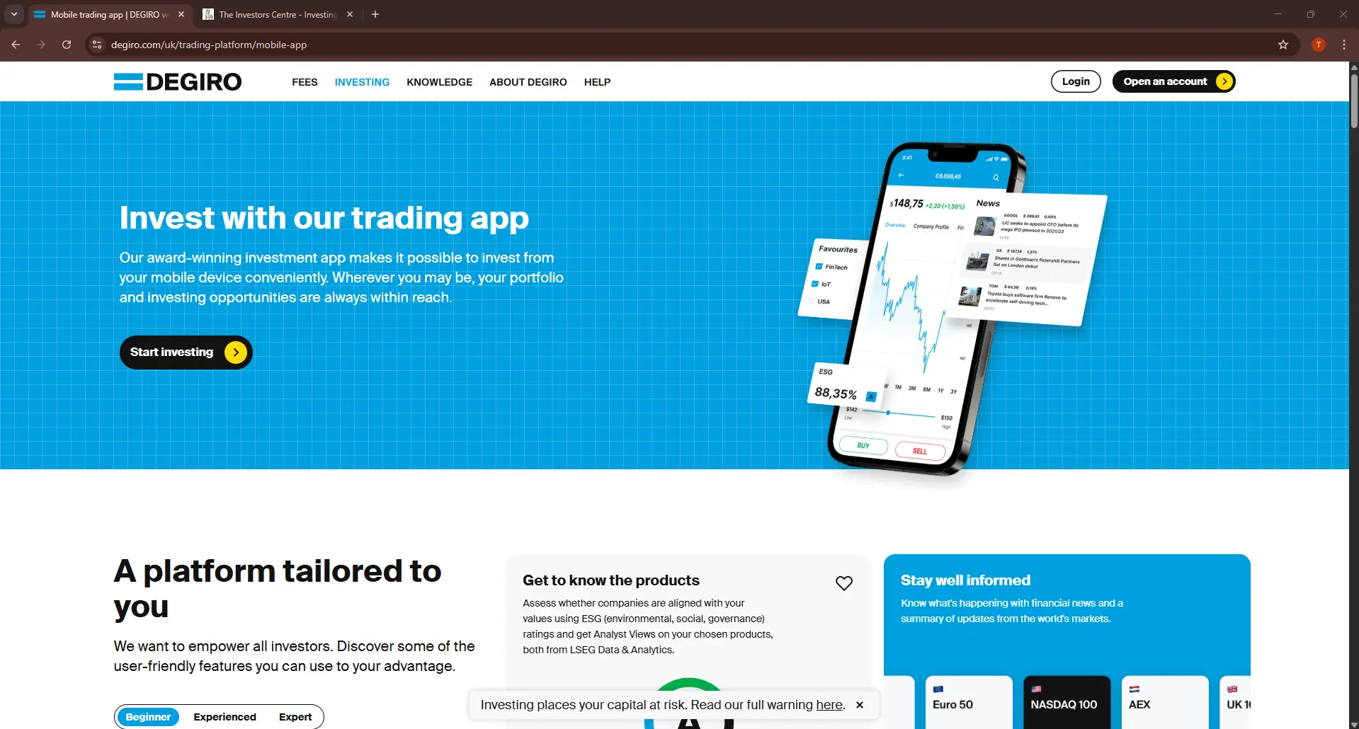 DEGIRO investment app dashboard showing portfolio overview and key features for Irish investors