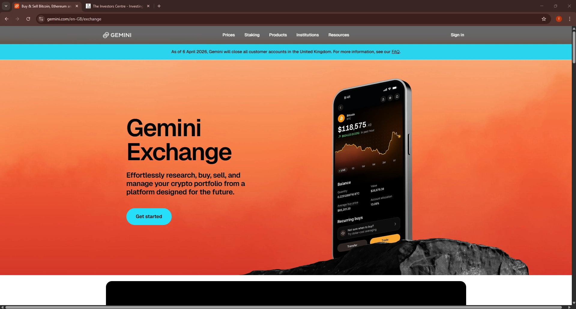 Gemini Exchange homepage with mobile app