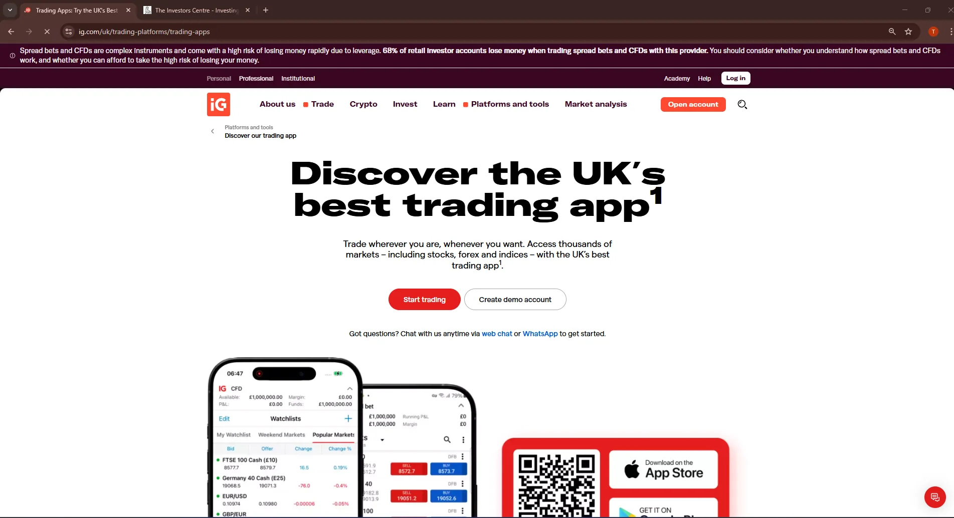IG investment app dashboard showing portfolio overview and key features for Irish investors