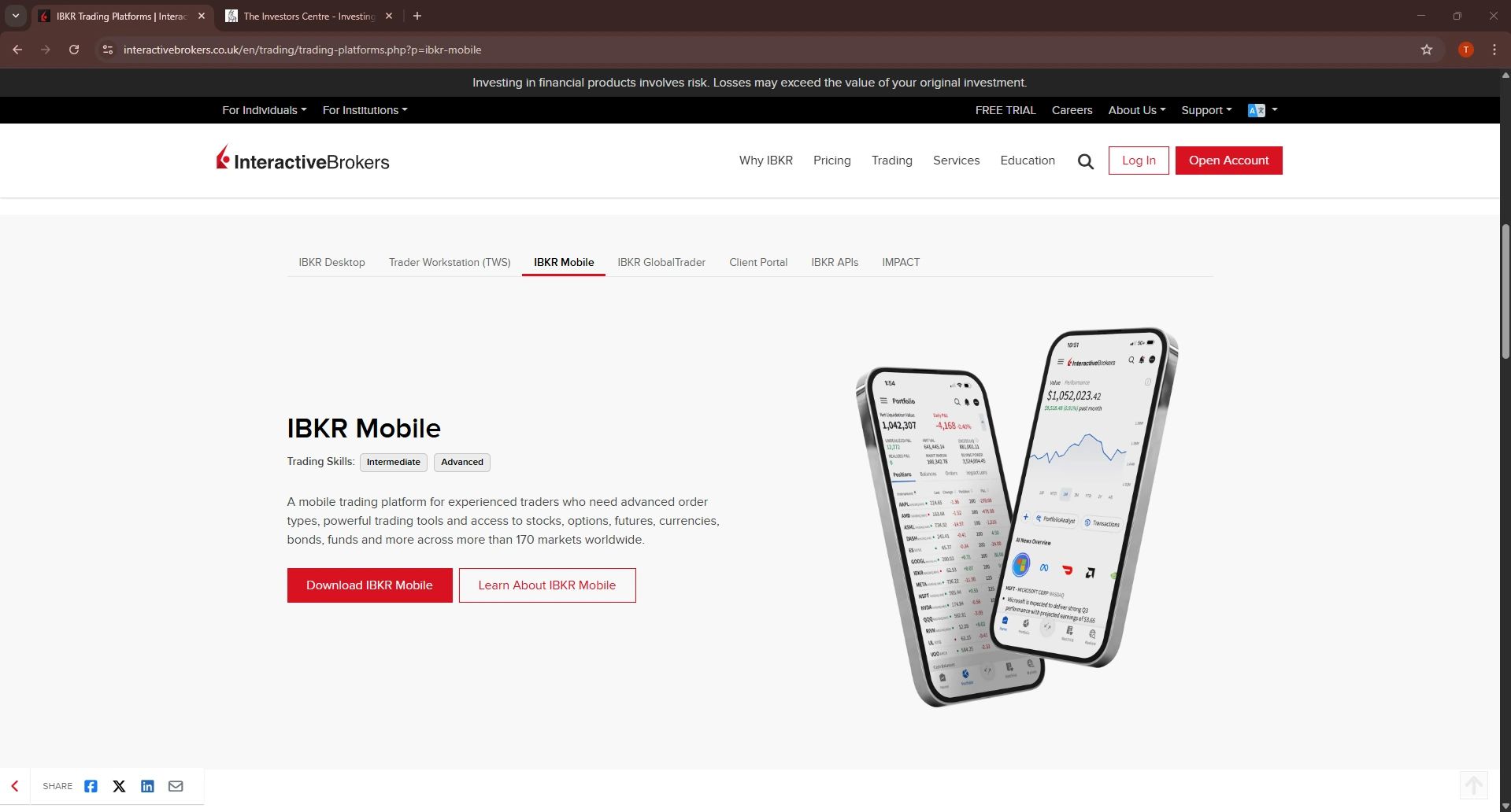 Interactive Brokers investment app dashboard showing portfolio overview and key features for Irish investors