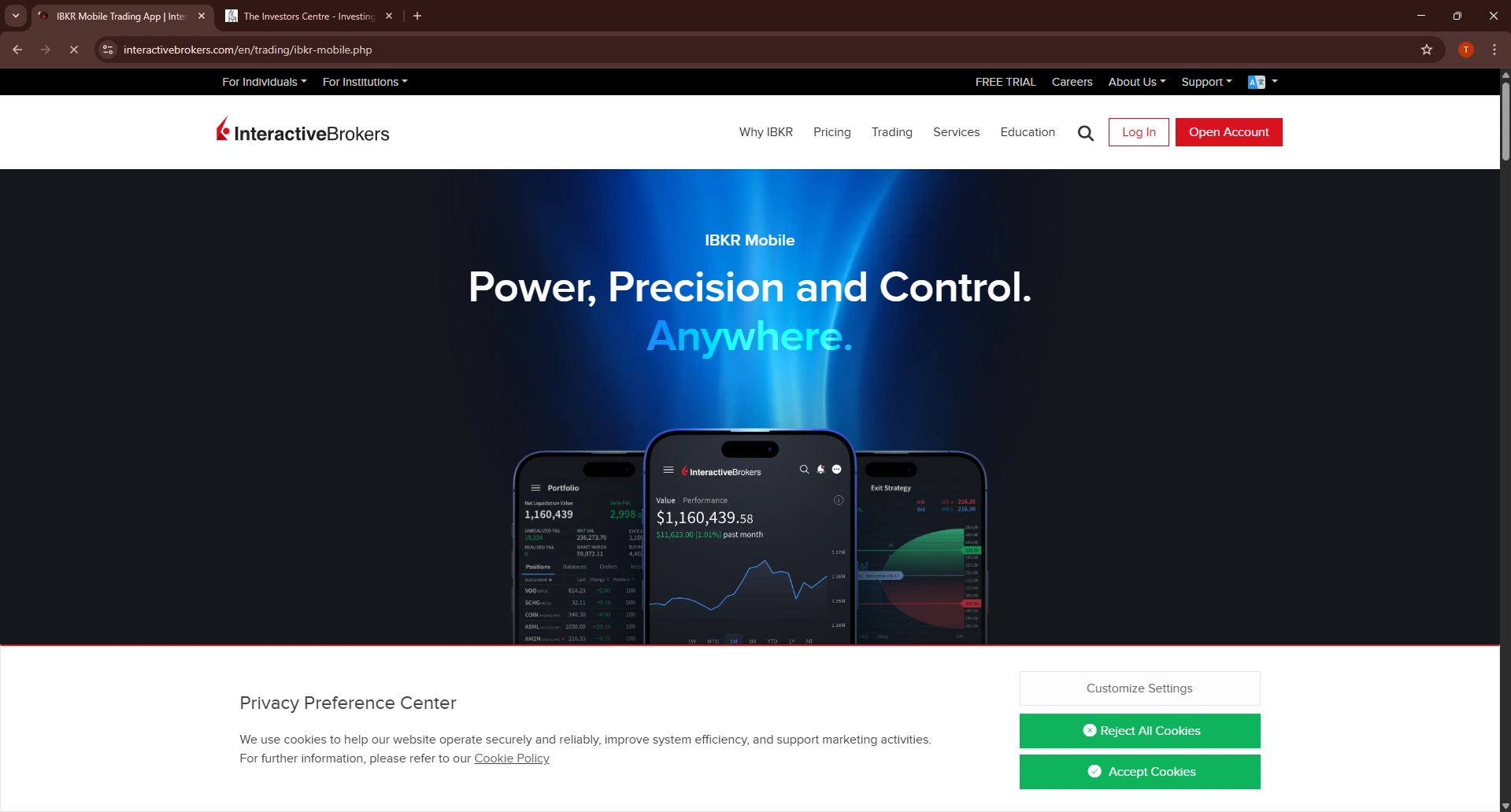 Interactive Brokers IBKR Mobile app page showing Power Precision and Control Anywhere with portfolio screenshots
