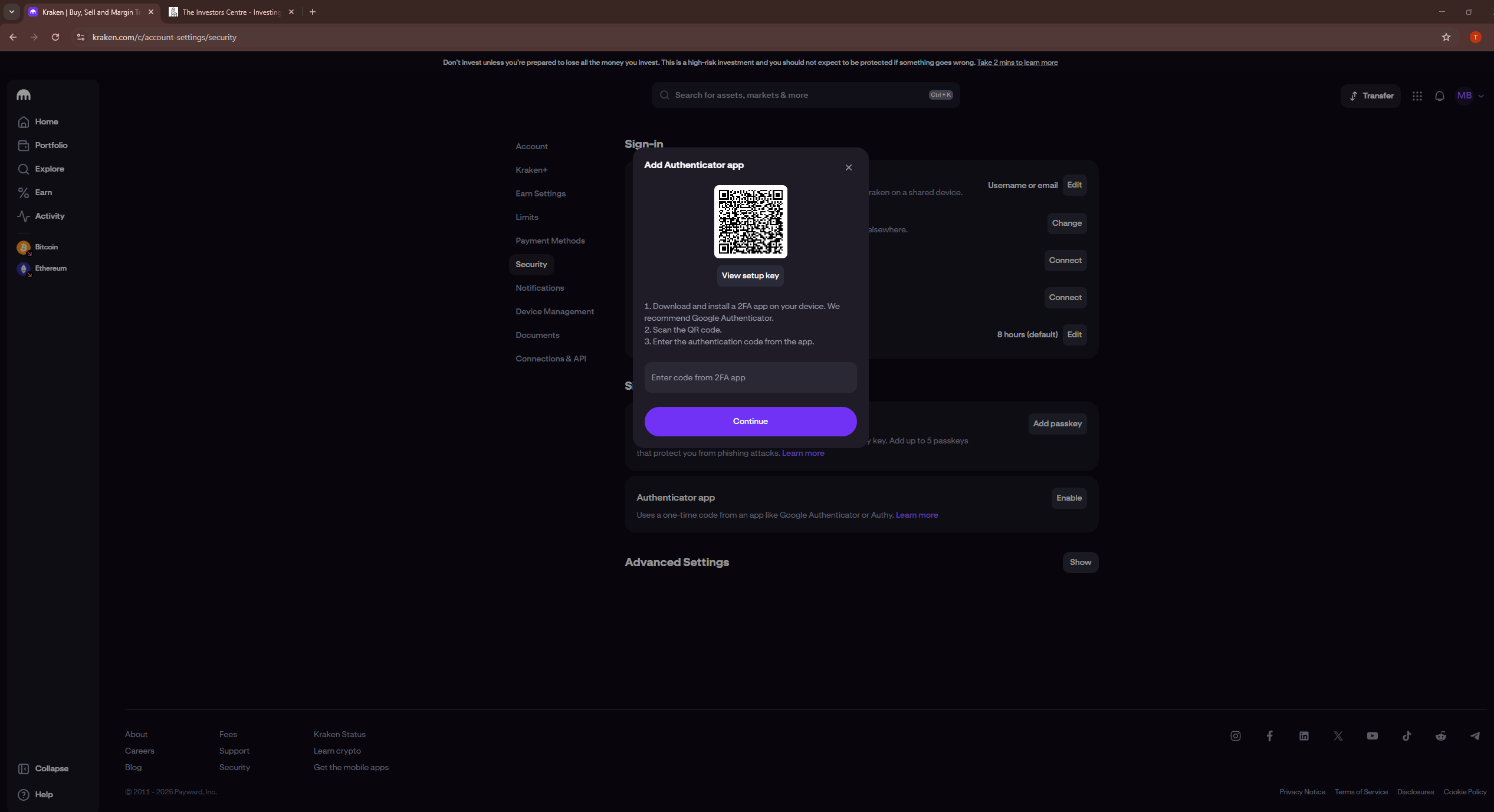 Kraken two-factor authentication setup screen showing 2FA configuration options for securing your account