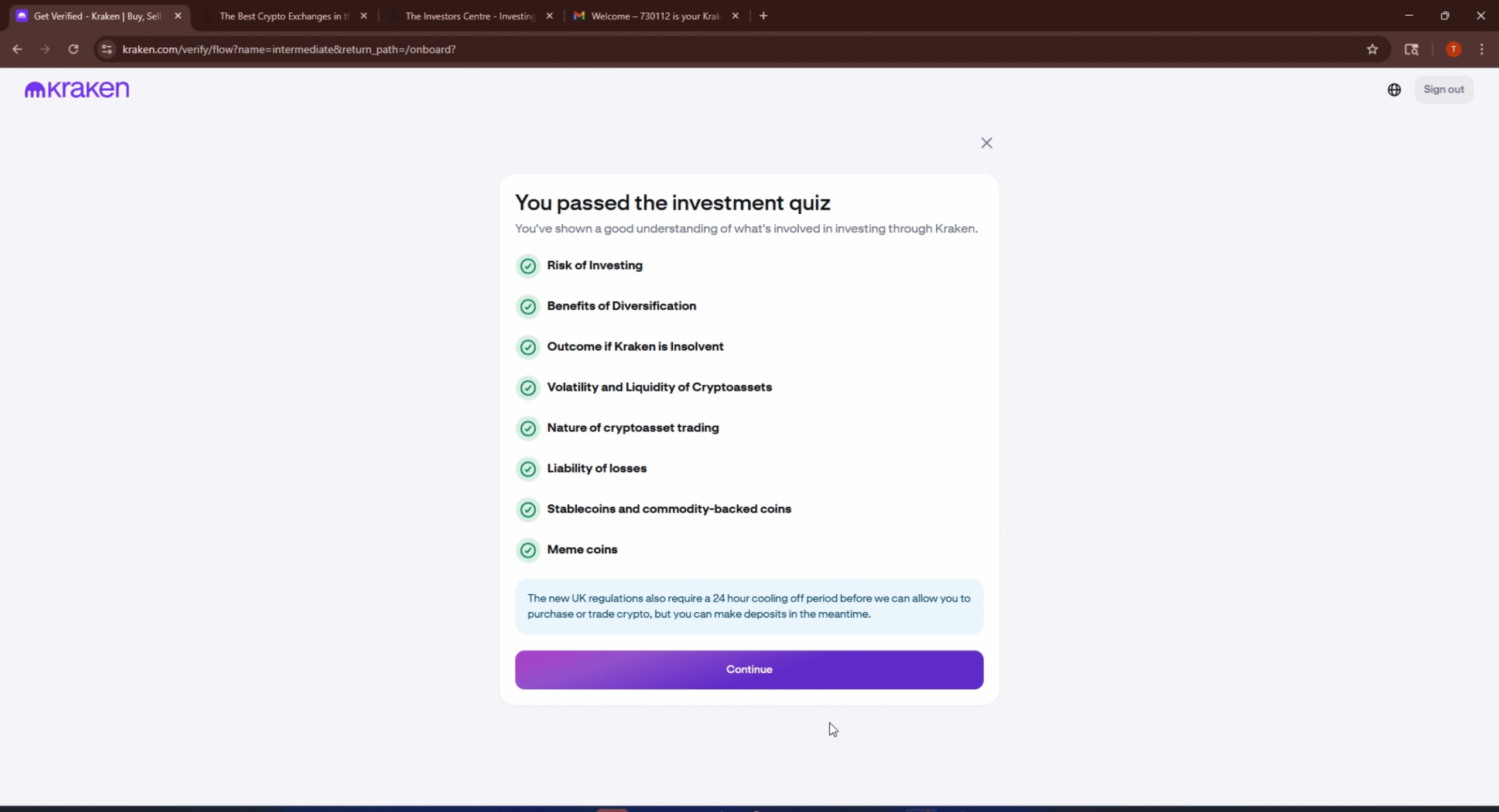 Kraken assessment quiz pass panel showing the platform's knowledge assessment for accessing advanced trading features