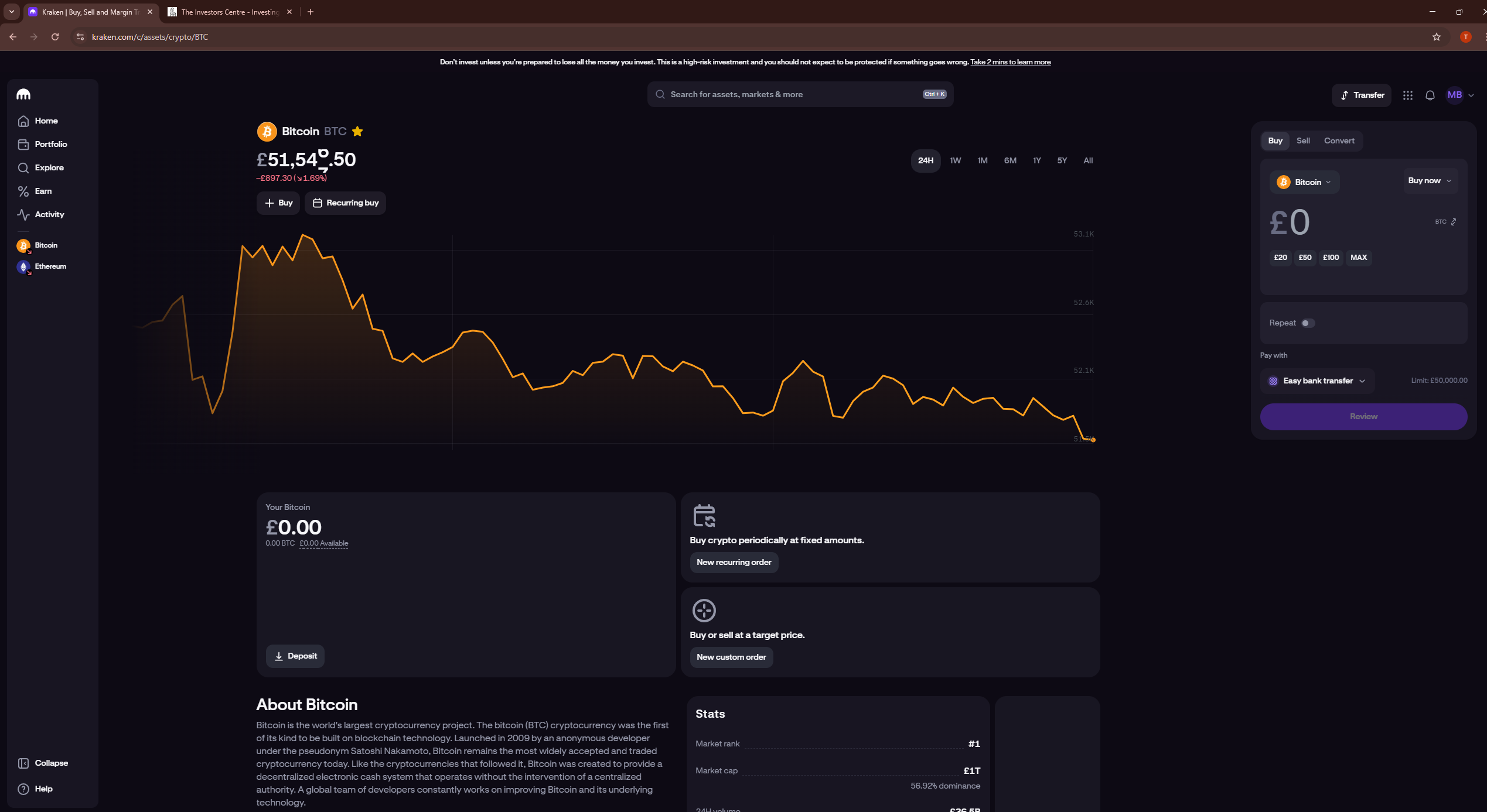 Kraken Bitcoin trading dashboard showing BTC price chart, order book and portfolio overview