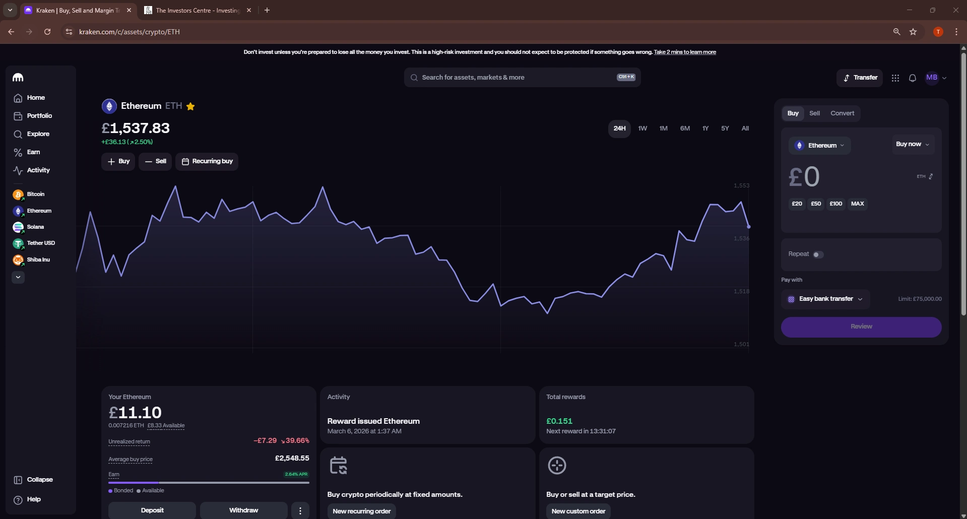 Kraken crypto exchange showing Ethereum price chart