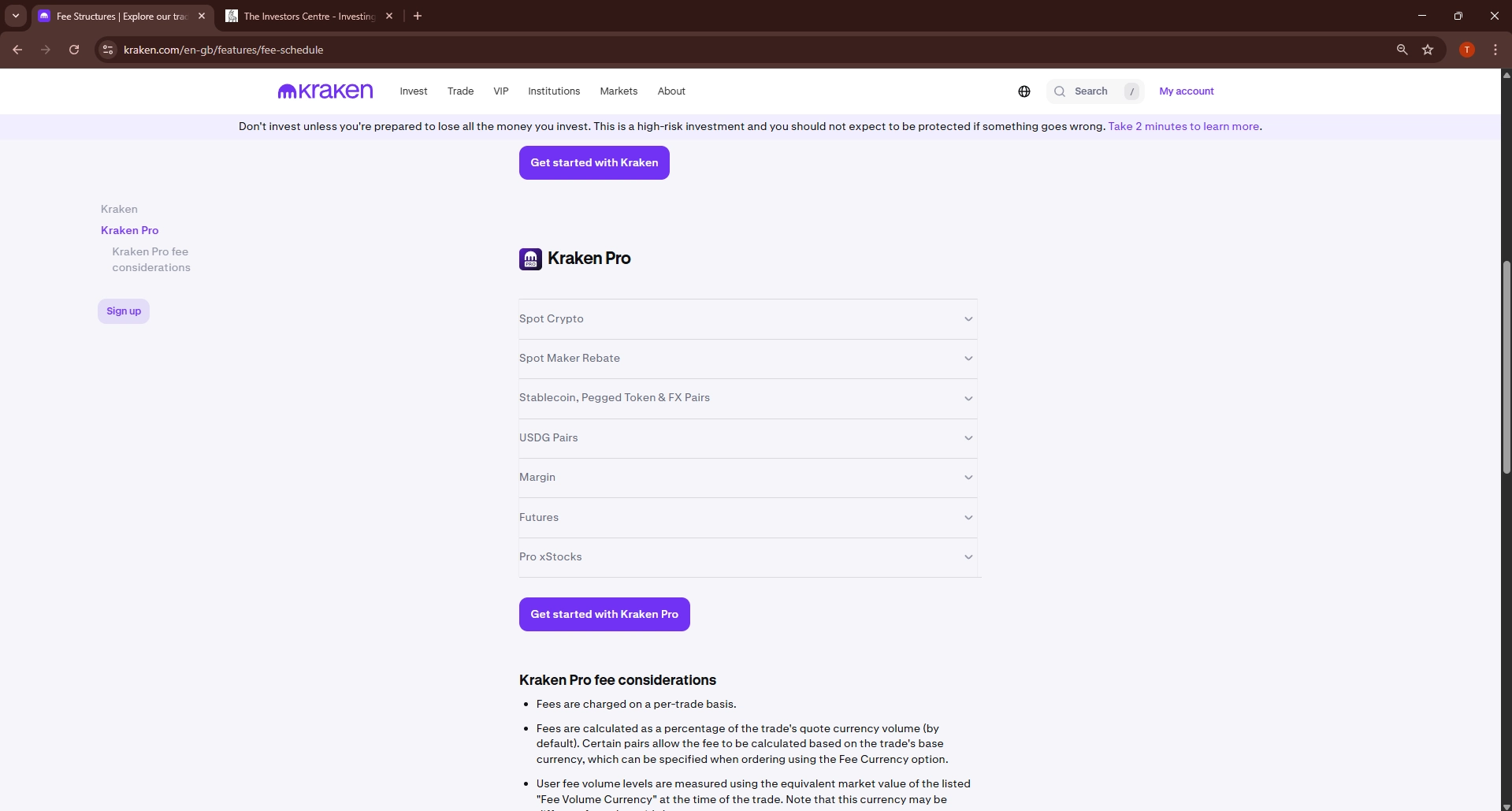 Kraken Pro fee schedule page showing fee categories for Spot Crypto, Futures and Pro xStocks