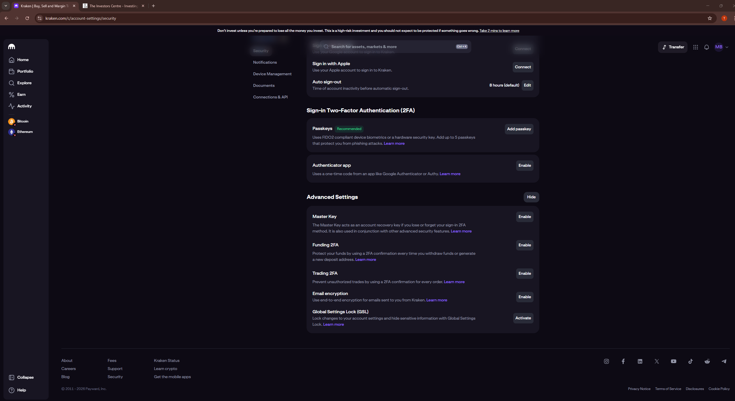 Kraken advanced security settings page showing account protection options including 2FA, Global Settings Lock and withdrawal restrictions