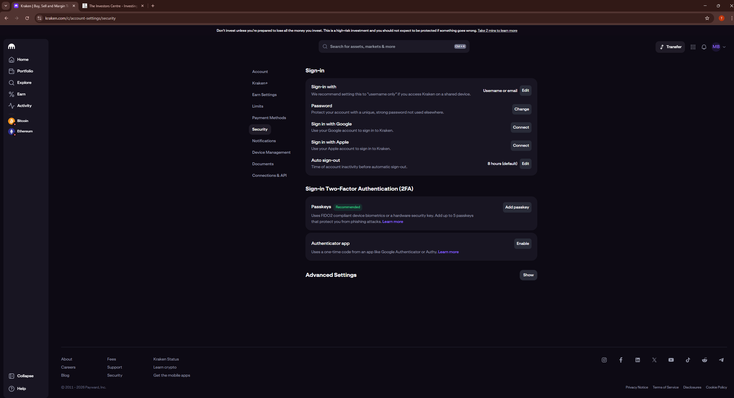 Kraken security dashboard showing account protection status overview with 2FA, Global Settings Lock and withdrawal whitelist indicators