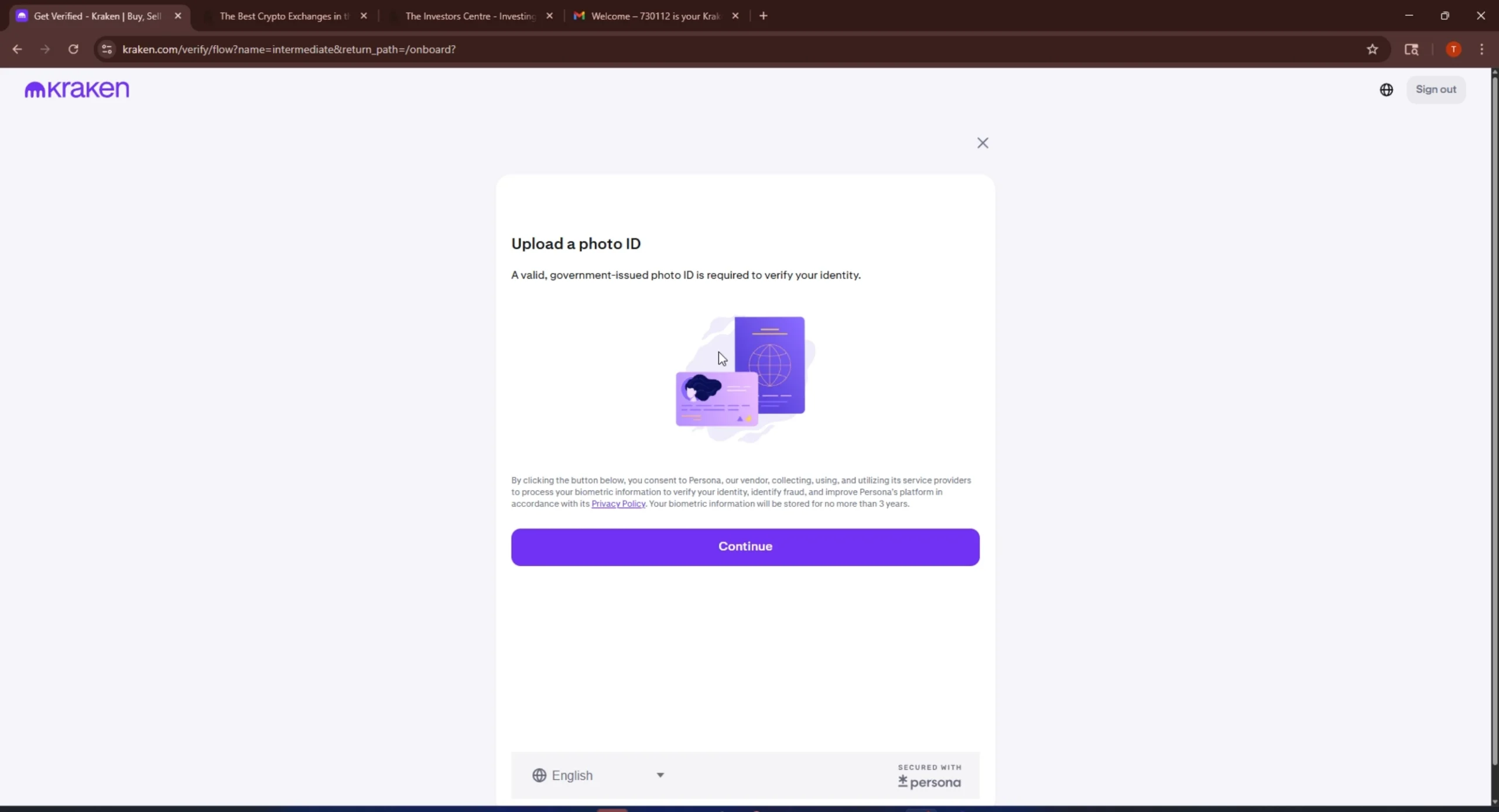 Kraken KYC verification process showing Upload a photo ID step with government ID illustration