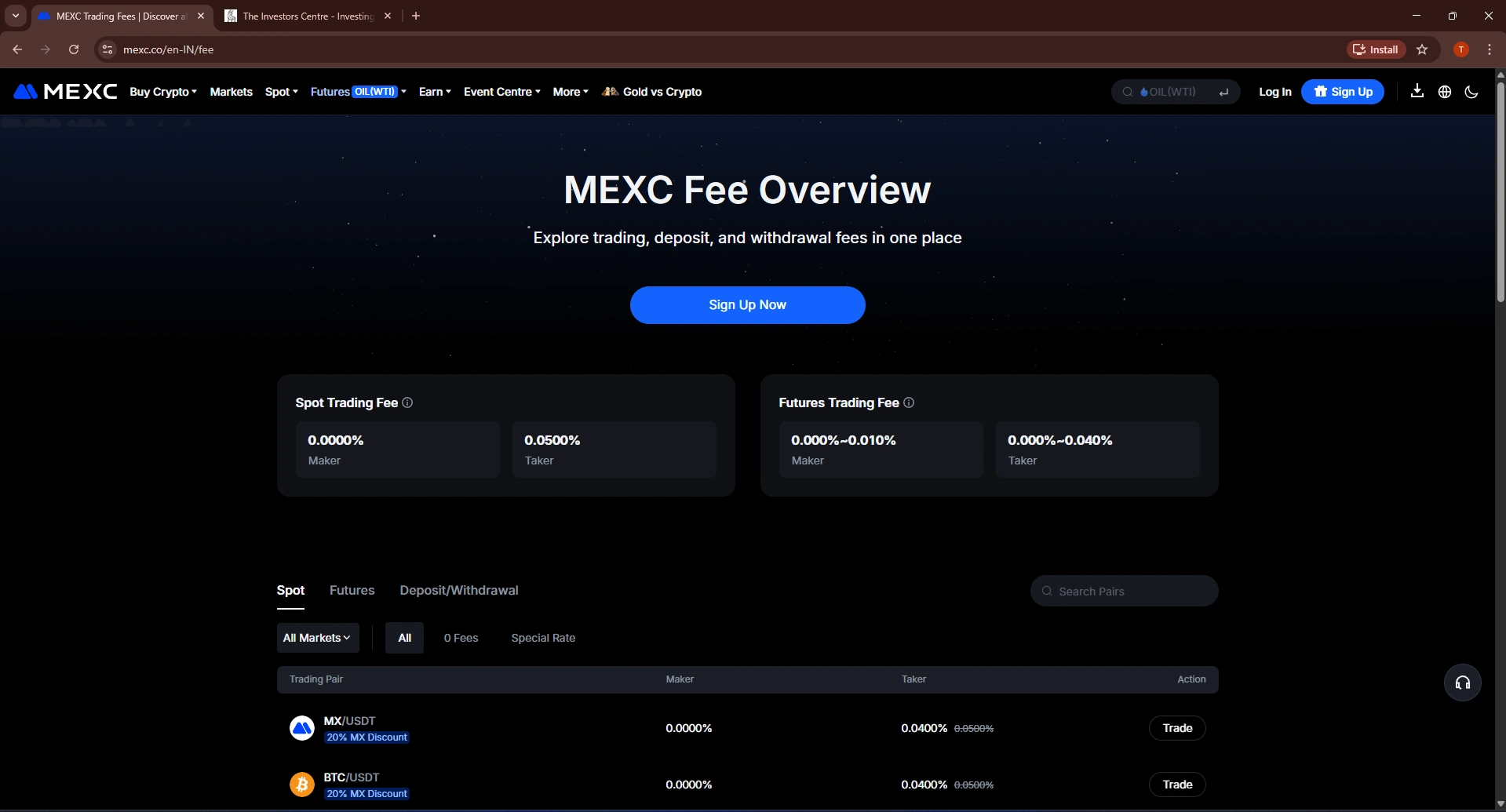 MEXC Fee Overview page showing 0% spot maker fee
