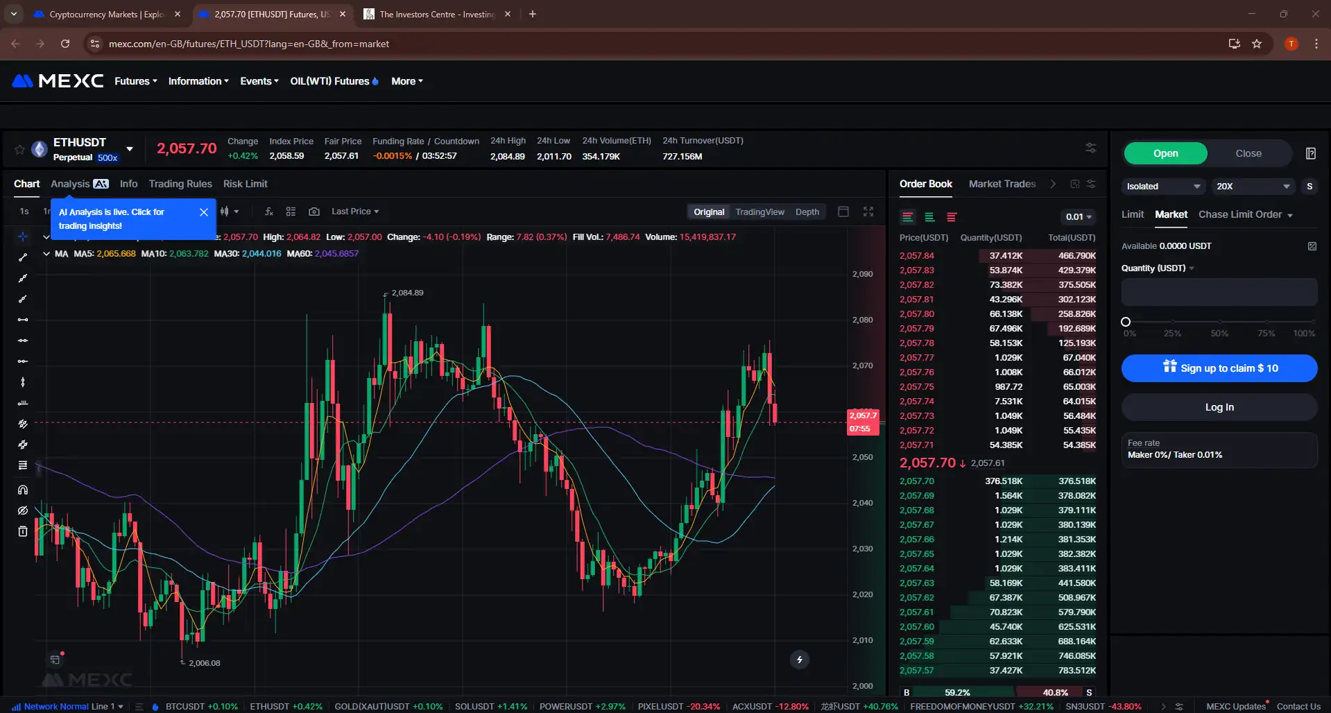 MEXC crypto exchange showing ETH/USDT futures chart