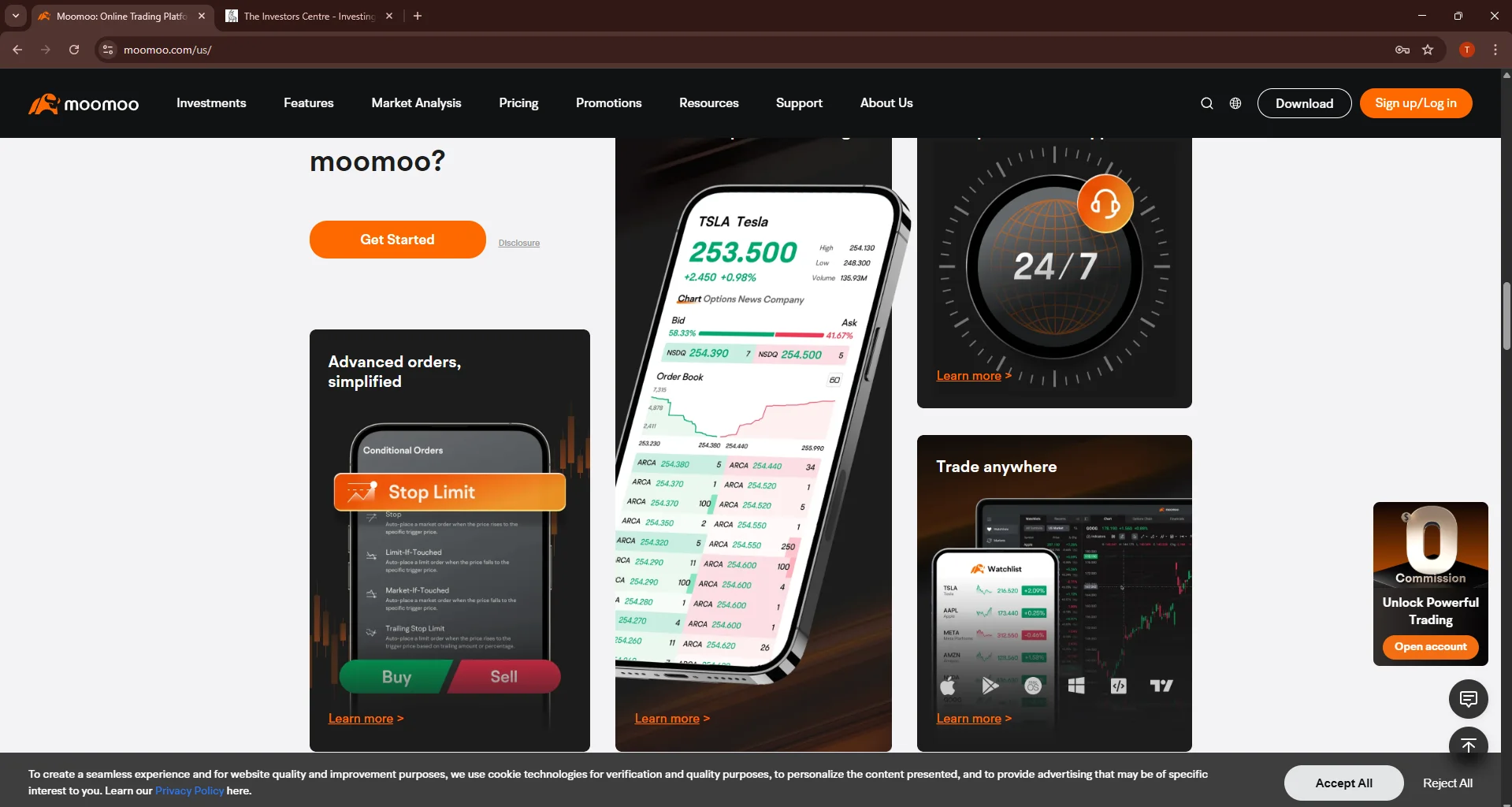 Moomoo platform page showing advanced order types, TSLA stock trading, 24/7 support and multi-platform trading