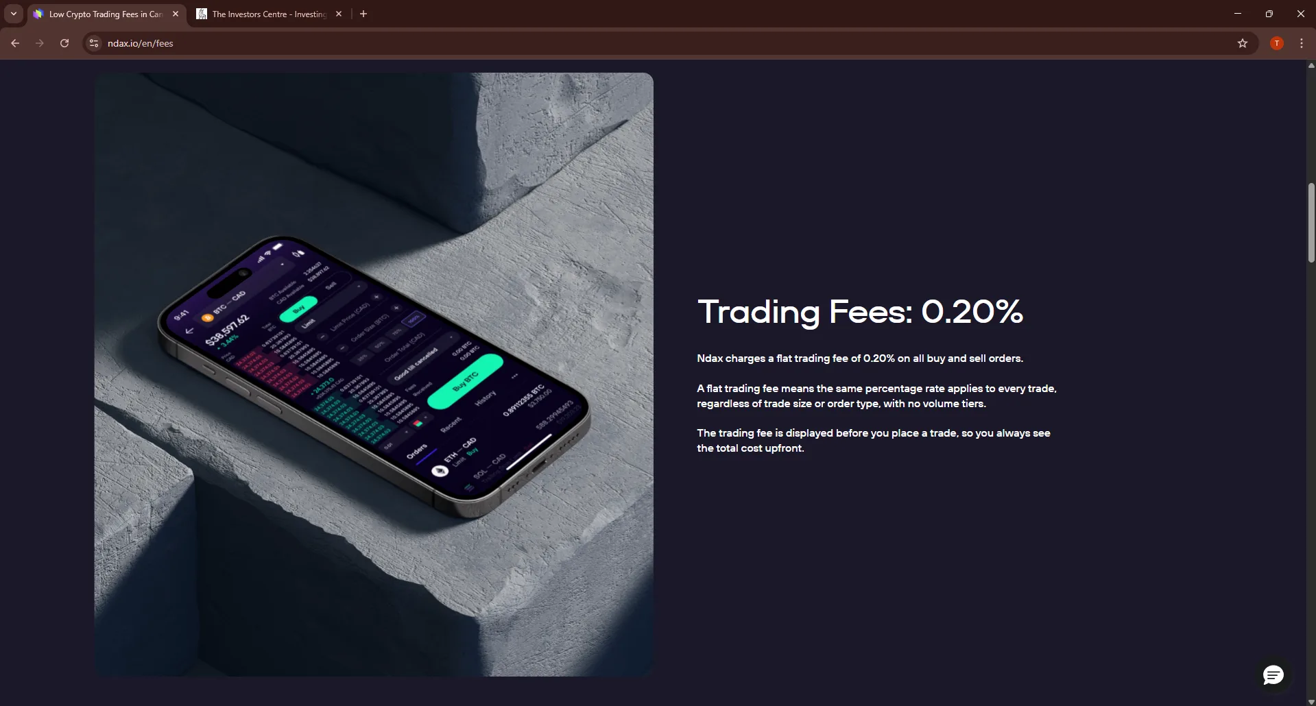 NDAX fees page showing a flat 0.20% trading fee on all buy and sell orders with a phone mockup