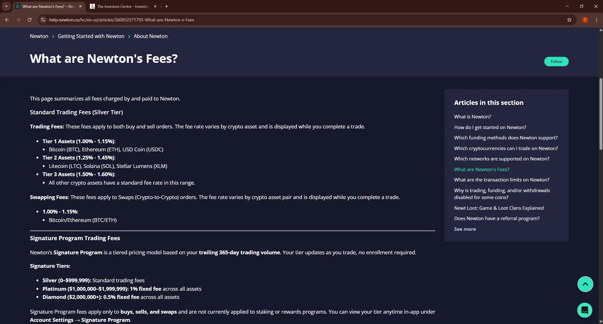 Newton crypto exchange fees page showing tiered trading fees from 1.00 to 1.60 percent by asset tier