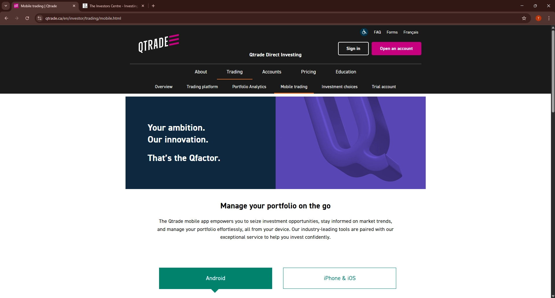 Qtrade Direct Investing mobile trading page showing Manage your portfolio on the go with Android and iOS links