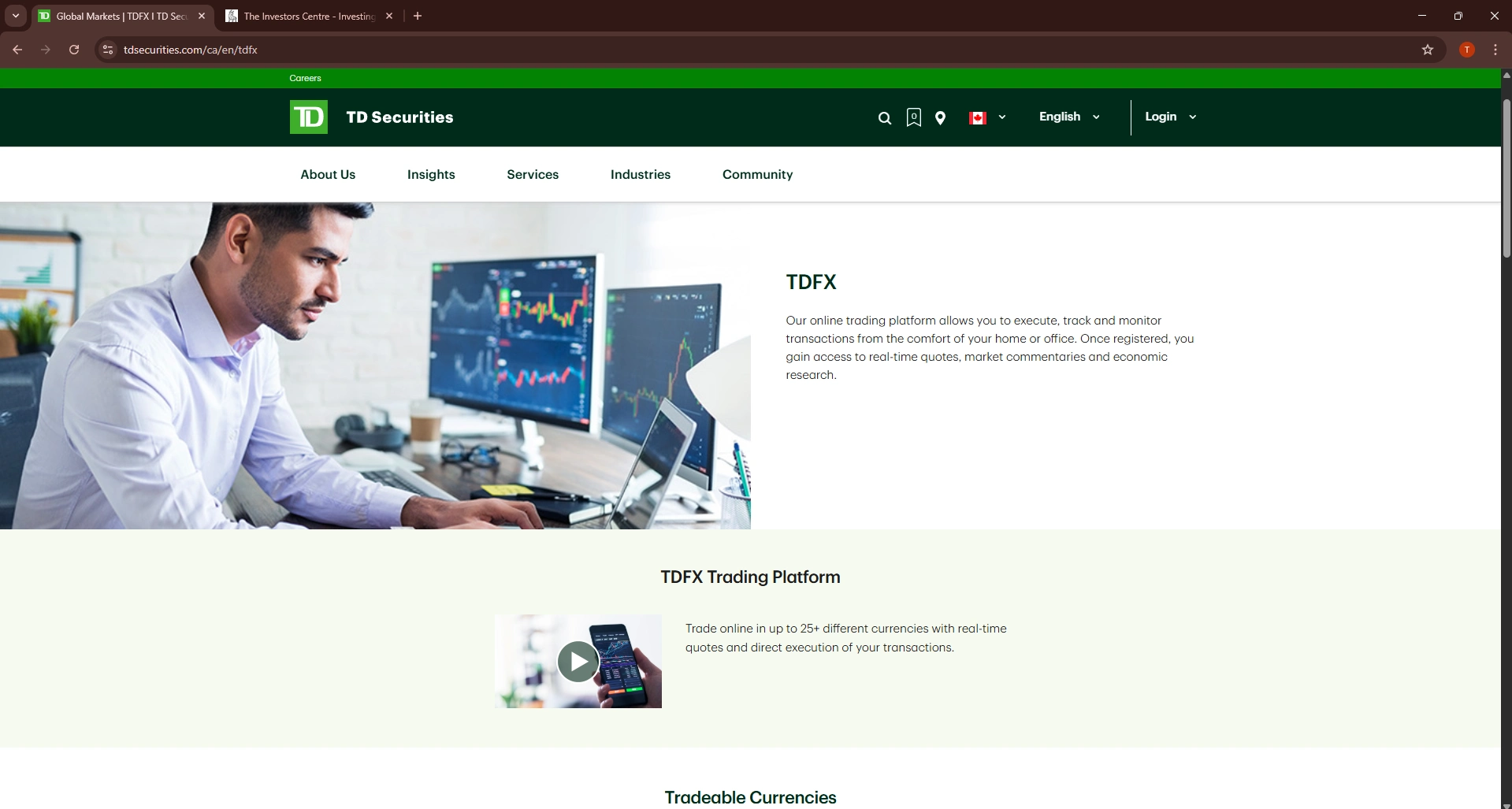 TD Securities TDFX online trading platform page