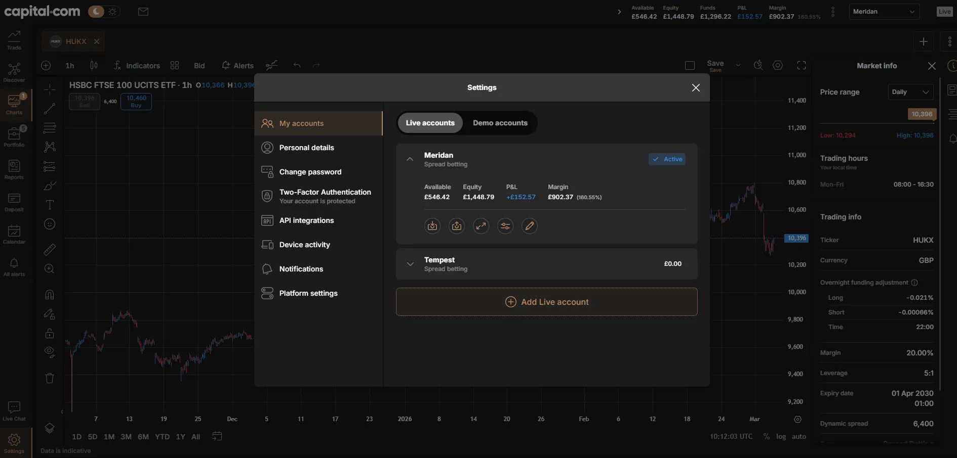 Capital.com account settings showing Meridian and Tempest live accounts, evidencing multi-account management and security controls