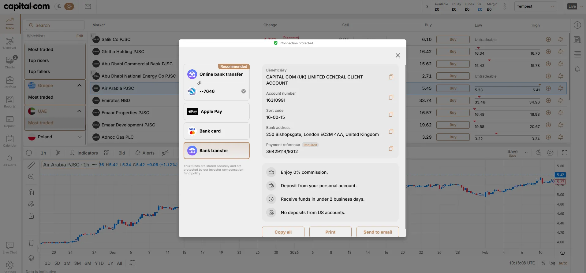 Capital.com deposit methods in light mode showing bank transfer and card options, evidencing regulated fund handling for Australian clients