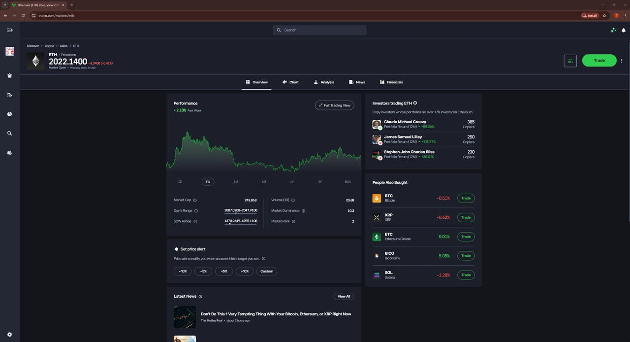 eToro dashboard showing Ethereum price and copy investors