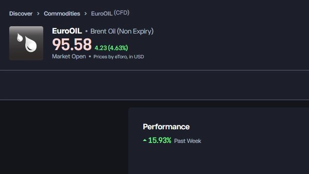 eToro EuroOIL CFD instrument page showing the asset name, current price of 95.58 and +4.63% gain with Overview, Chart and News tabs