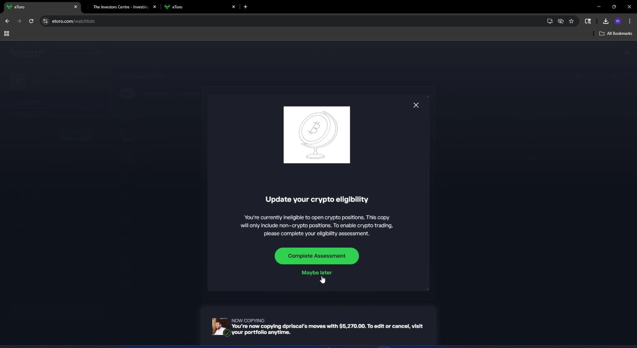 eToro desktop crypto eligibility assessment modal