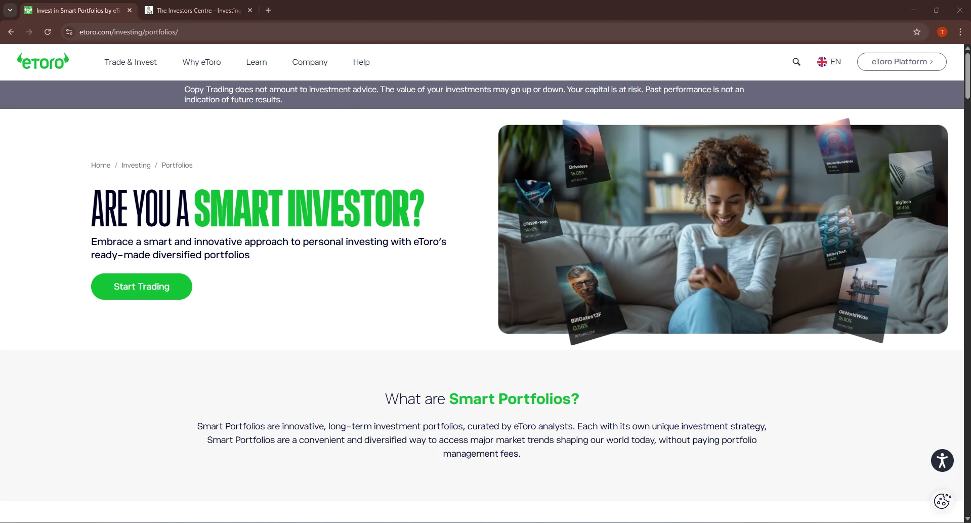 eToro investment app dashboard showing portfolio overview and key features for Irish investors