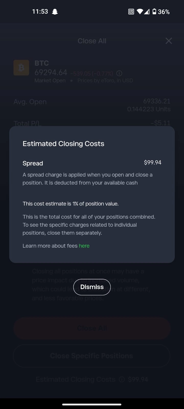 eToro mobile app BTC close position estimated closing costs