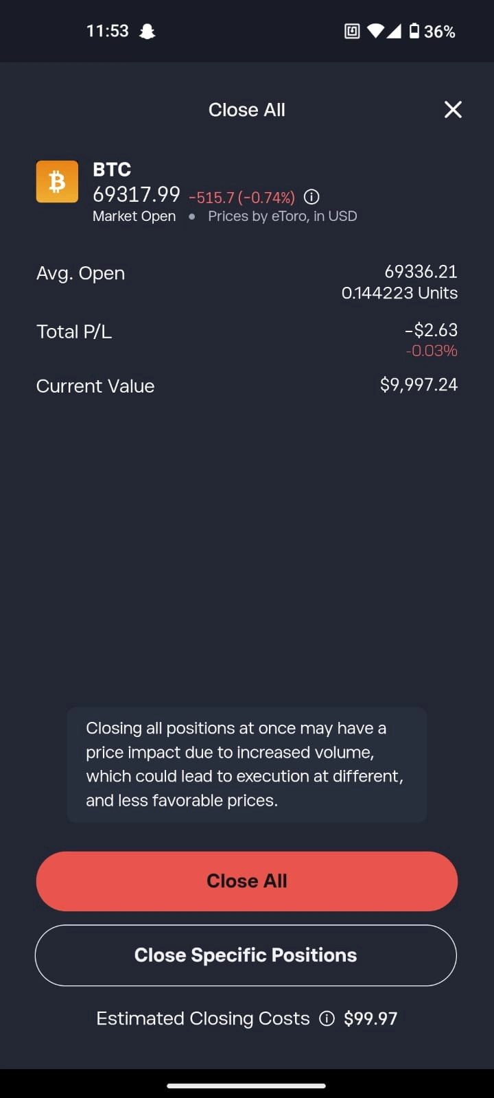 eToro mobile app BTC close all positions screen