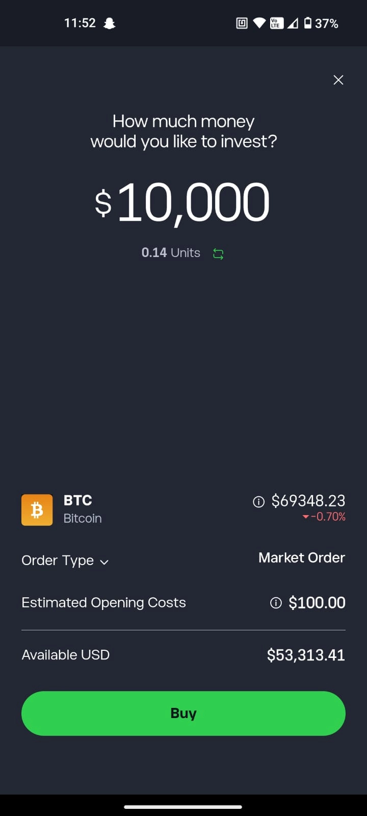 eToro mobile app Bitcoin buy order screen