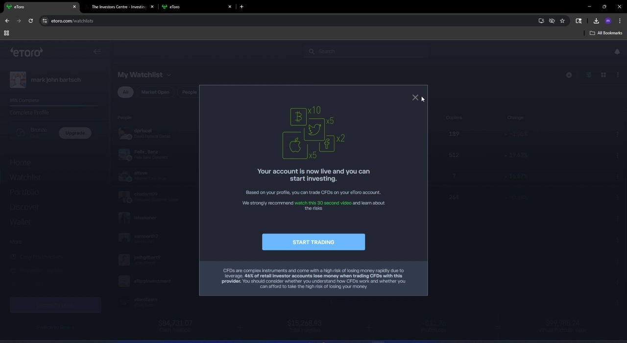 eToro account verification complete start investing modal